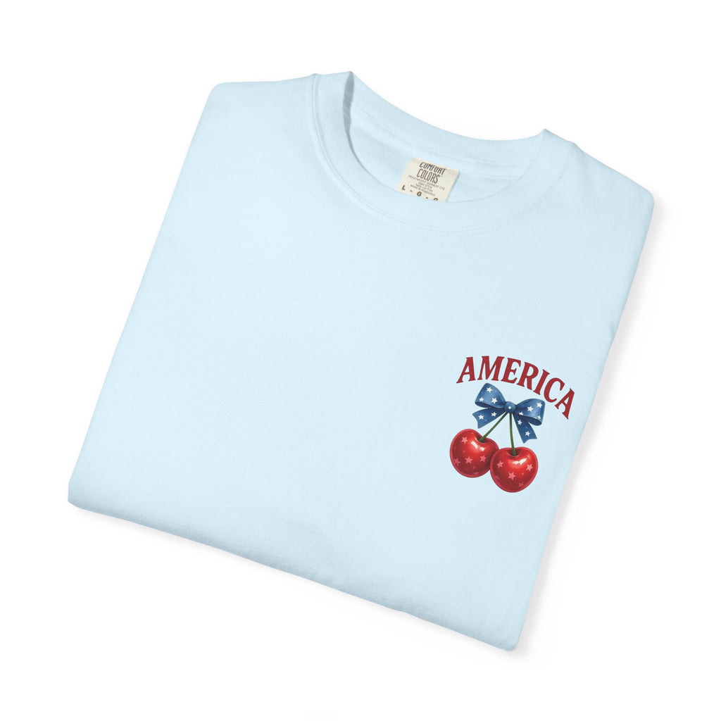 America Cherry Bow T-shirt | Patriotic Stars & Stripes Cherry Design