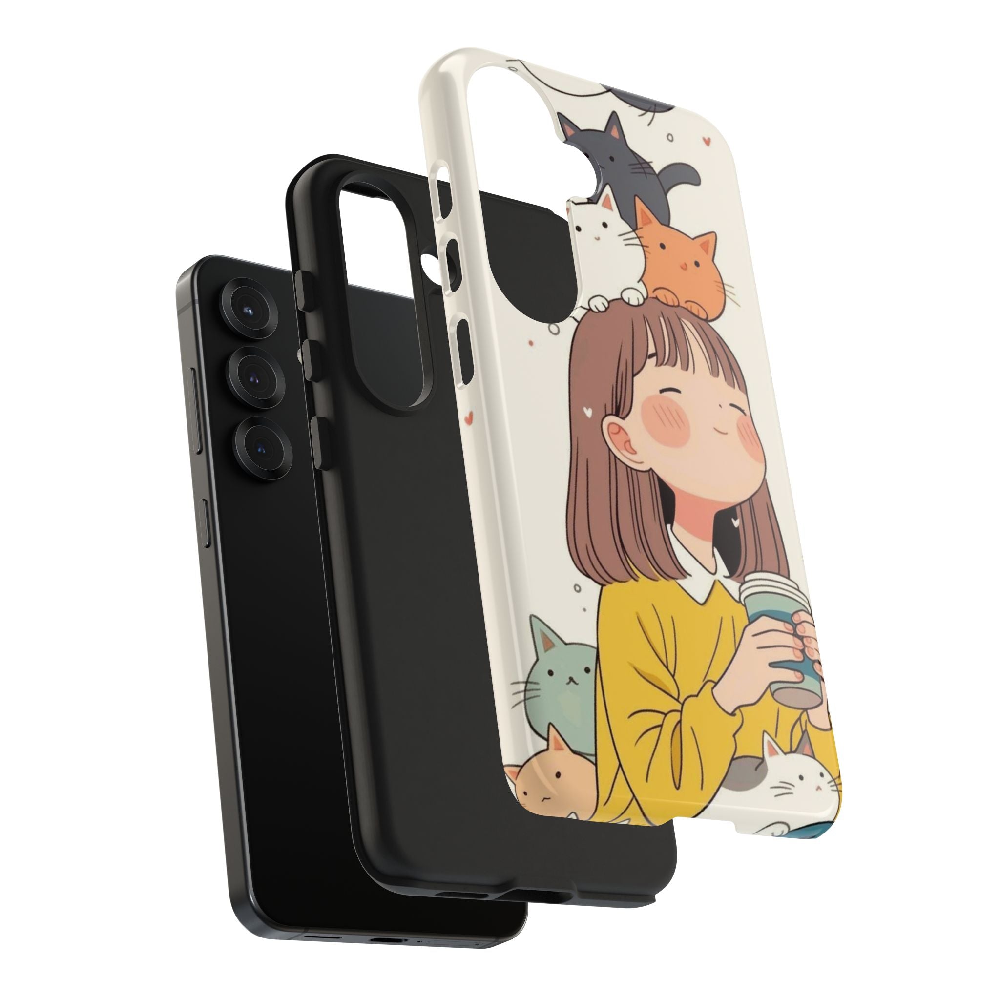 Girl with Cats Phone Case | Cute Cat Stack Illustration