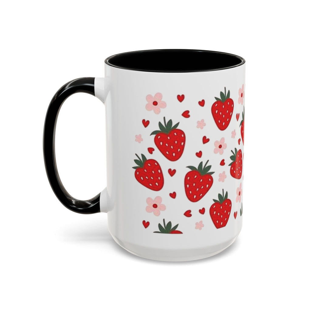 Strawberry Pattern Accent Coffee Mug — Cute Red Berries & Hearts 11/15oz