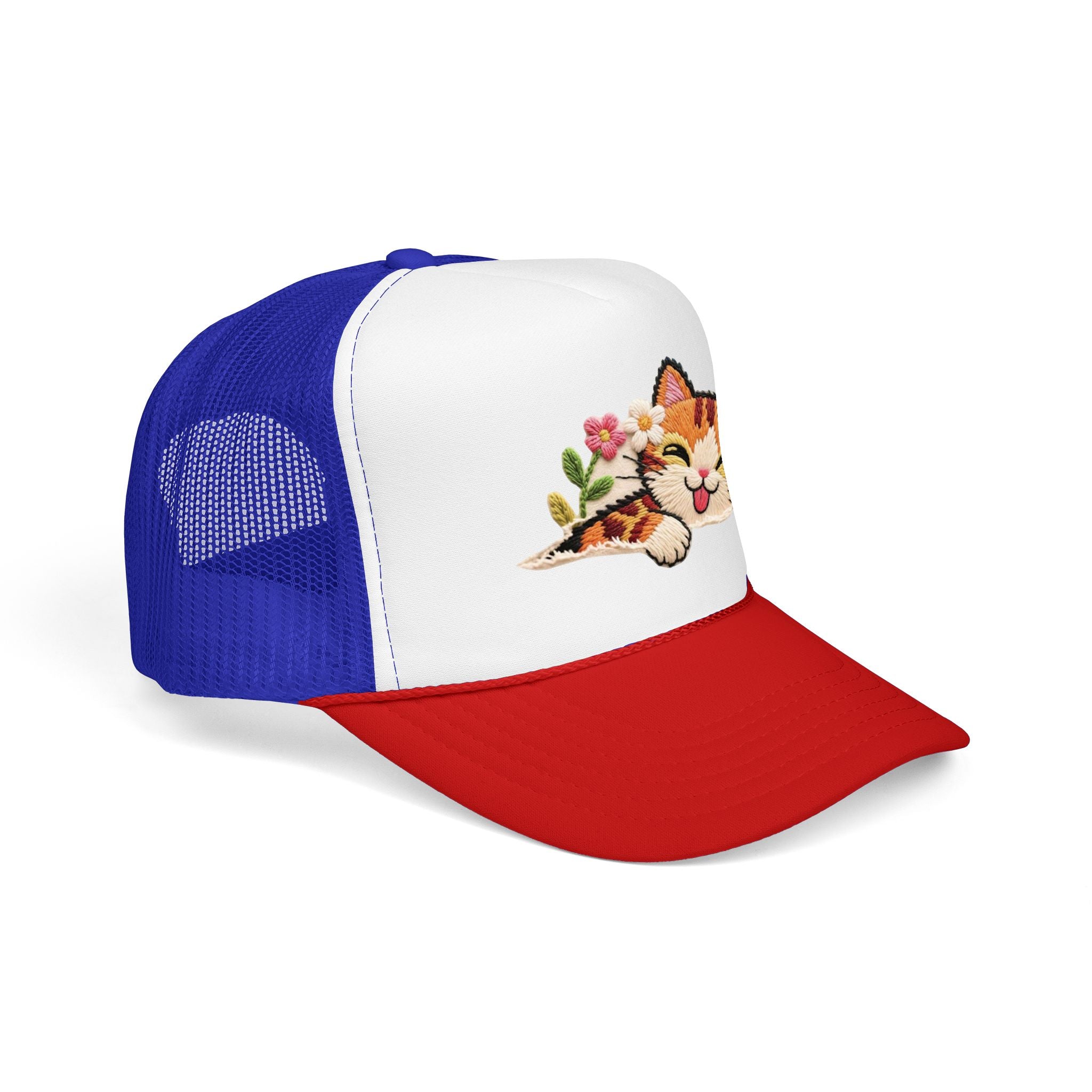 Trucker Hat — Cute Sleeping Calico Cat with Flowers Foam Mesh Cap