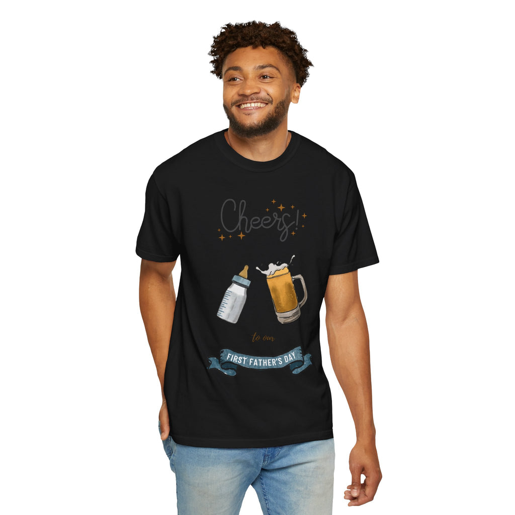 Cheers! Baby Bottle and Beer Mug First Father's Day T-Shirt | New Dad Tee
