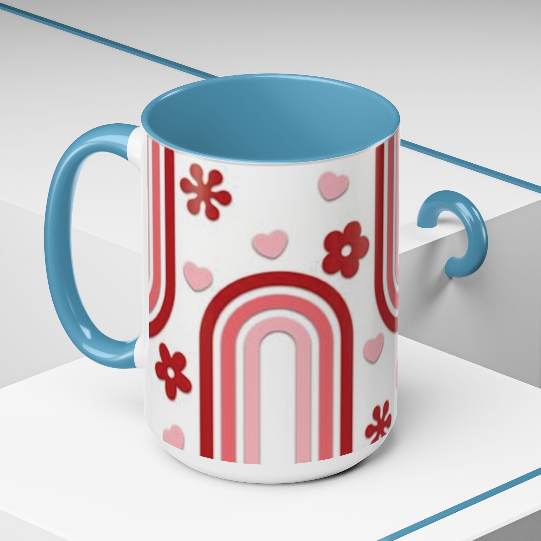 Retro Pink Rainbow Hearts and Flowers Accent Mug | 11oz or 15oz
