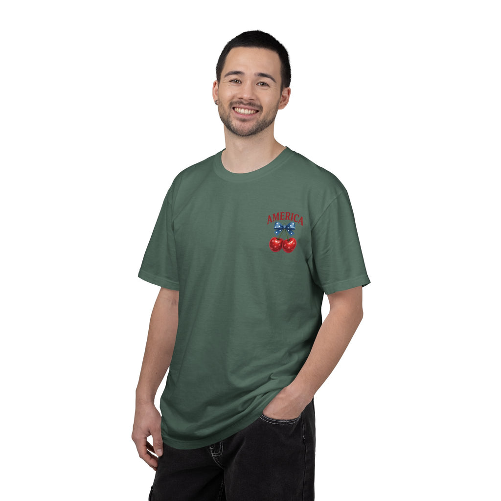 America Cherry Bow T-shirt | Patriotic Stars & Stripes Cherry Design