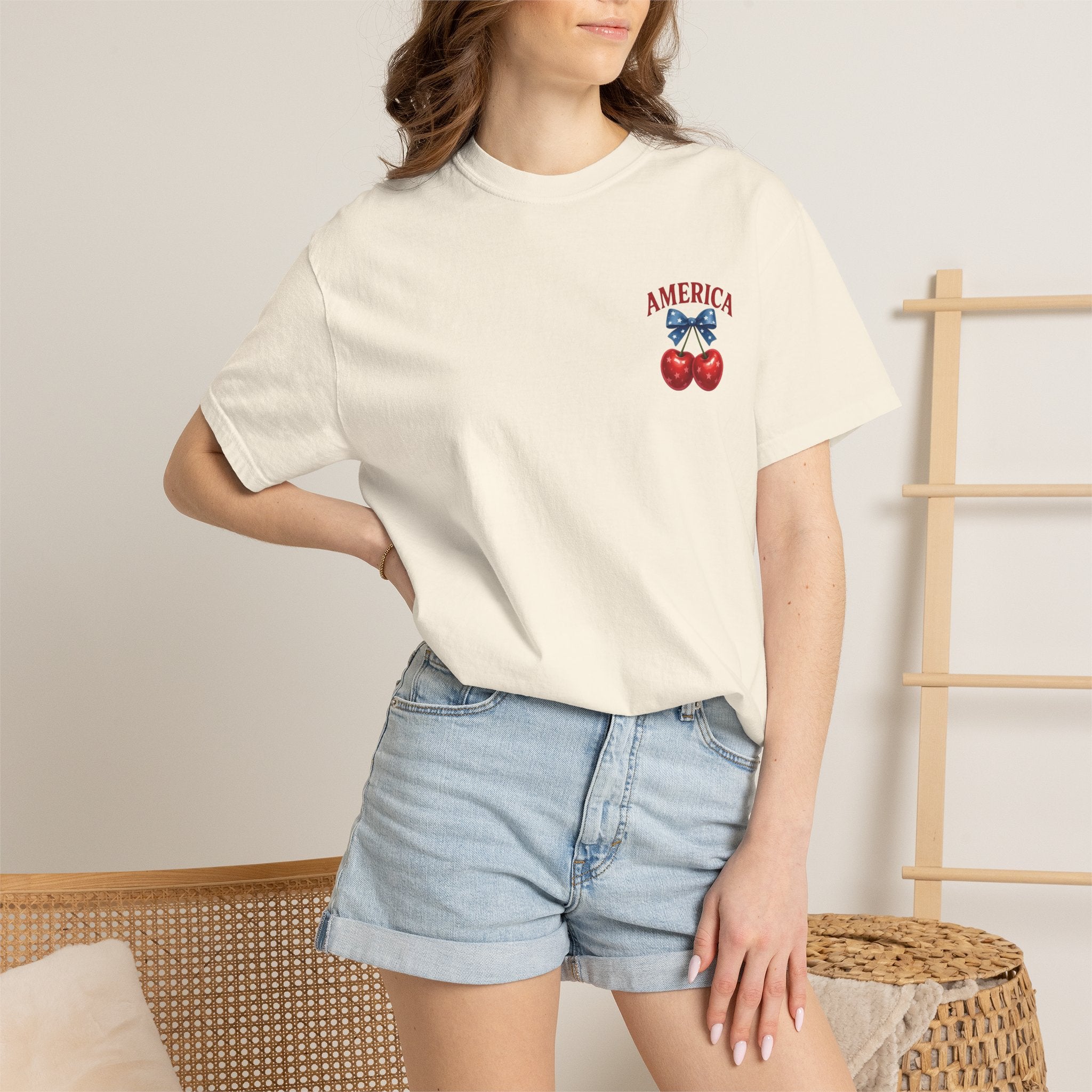 America Cherry Bow T-shirt | Patriotic Stars & Stripes Cherry Design