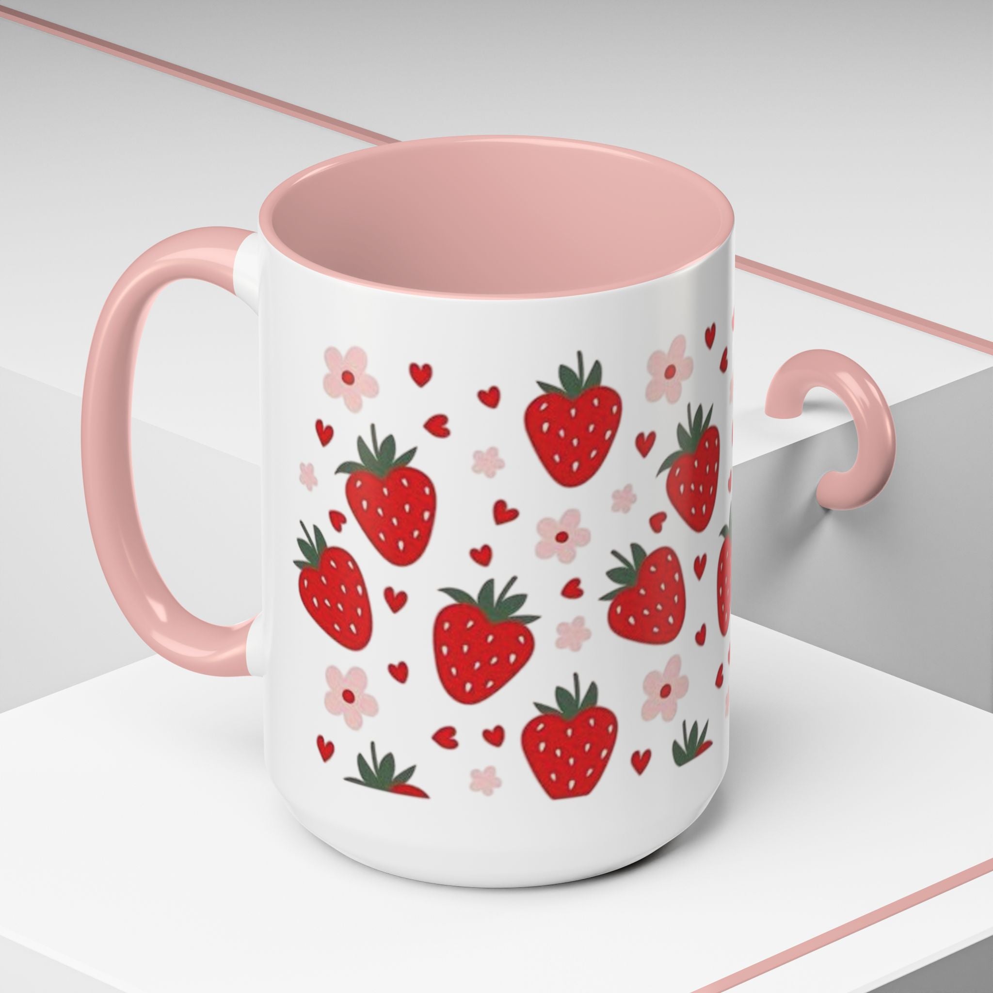 Strawberry Pattern Accent Coffee Mug — Cute Red Berries & Hearts 11/15oz