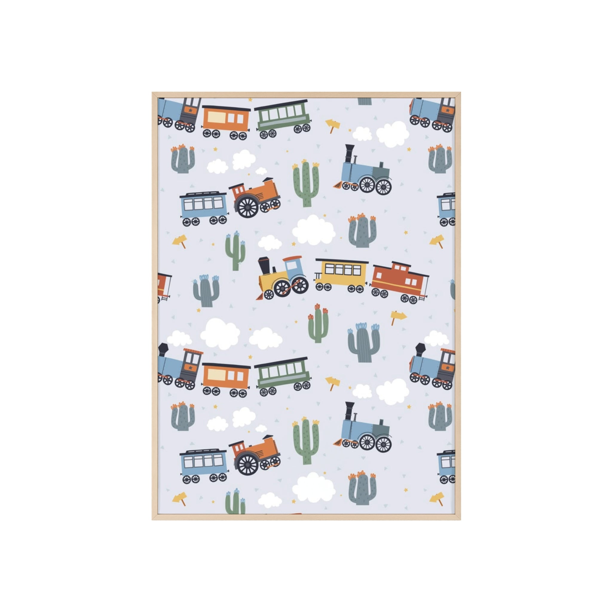 Kids' Train Poster with Wooden Frame — Nursery Wall Art, Playroom Decor