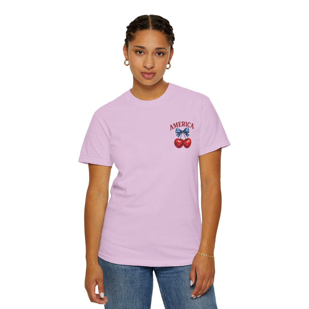 America Cherry Bow T-shirt | Patriotic Stars & Stripes Cherry Design