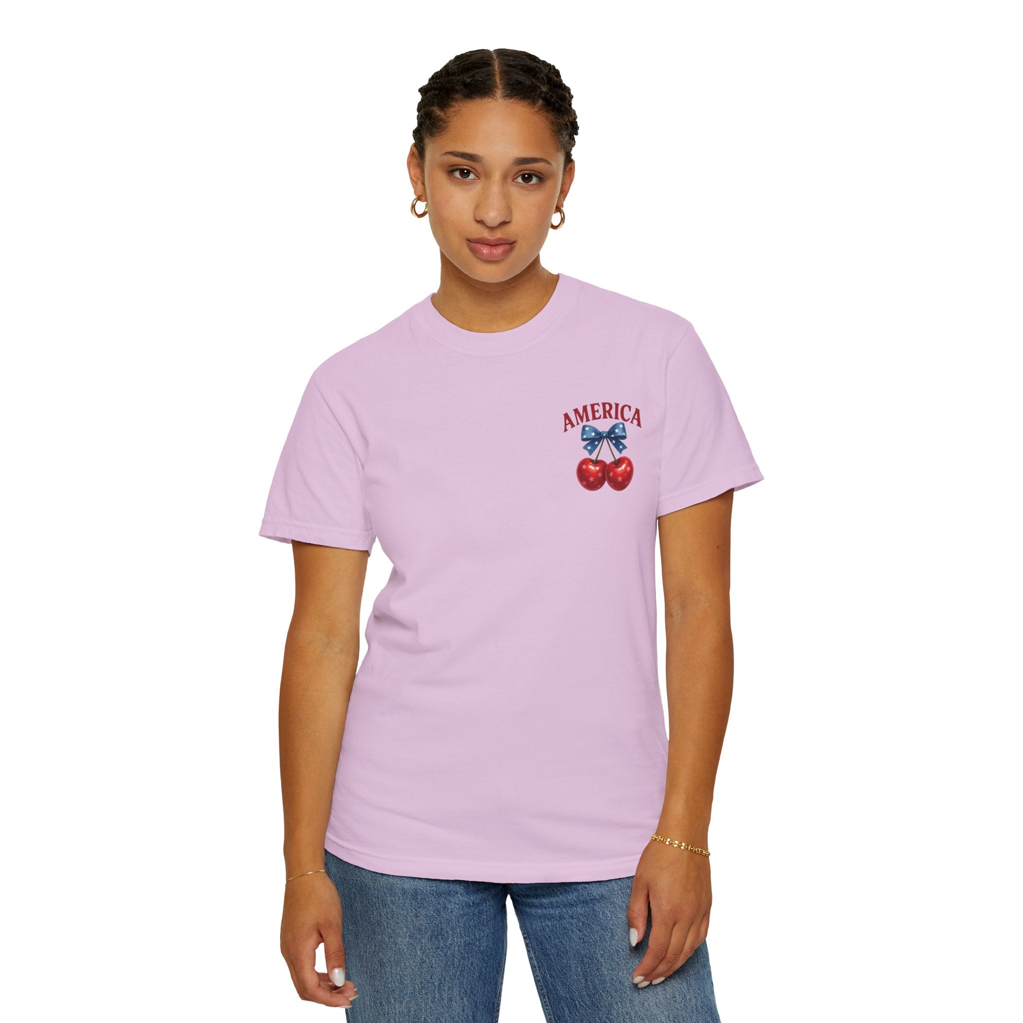 America Cherry Bow T-shirt | Patriotic Stars & Stripes Cherry Design