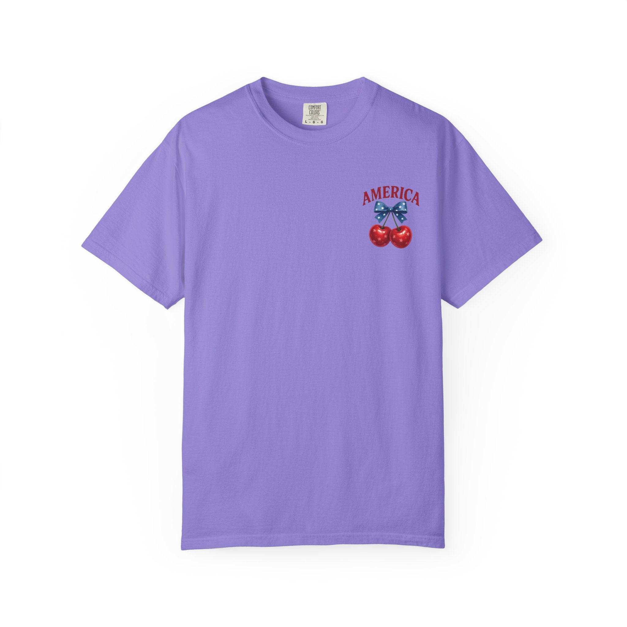 America Cherry Bow T-shirt | Patriotic Stars & Stripes Cherry Design