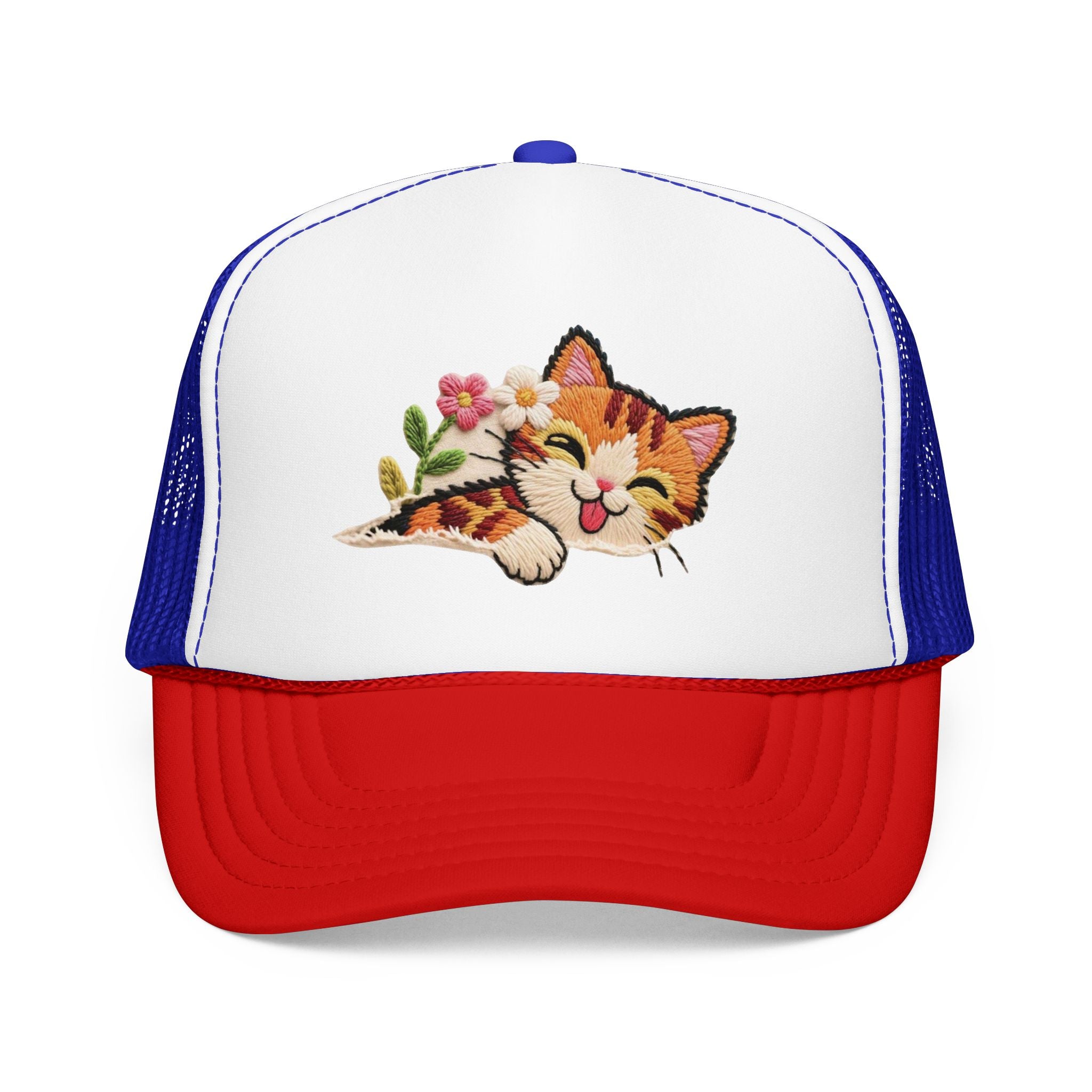 Trucker Hat — Cute Sleeping Calico Cat with Flowers Foam Mesh Cap