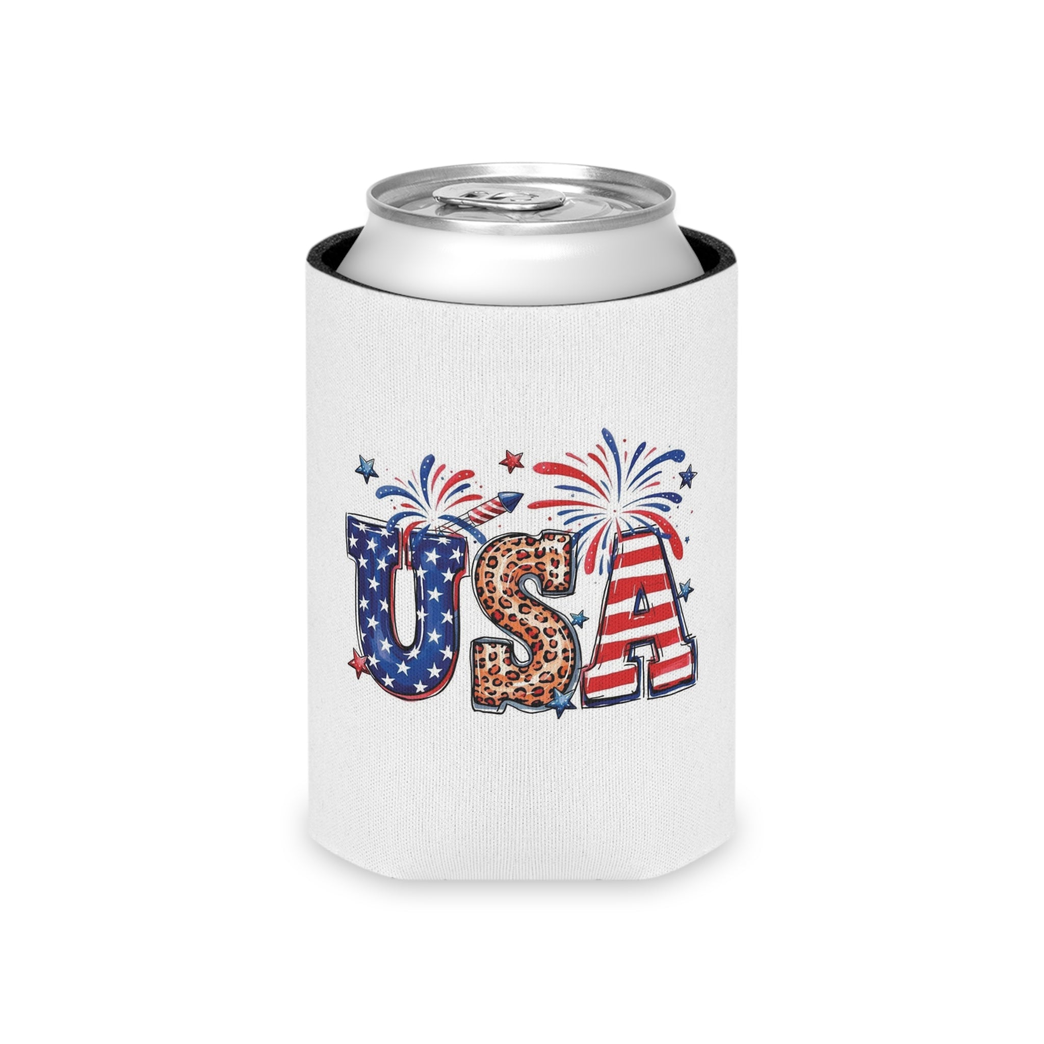 Patriotic USA Letters Can Cooler | American Flag Fireworks