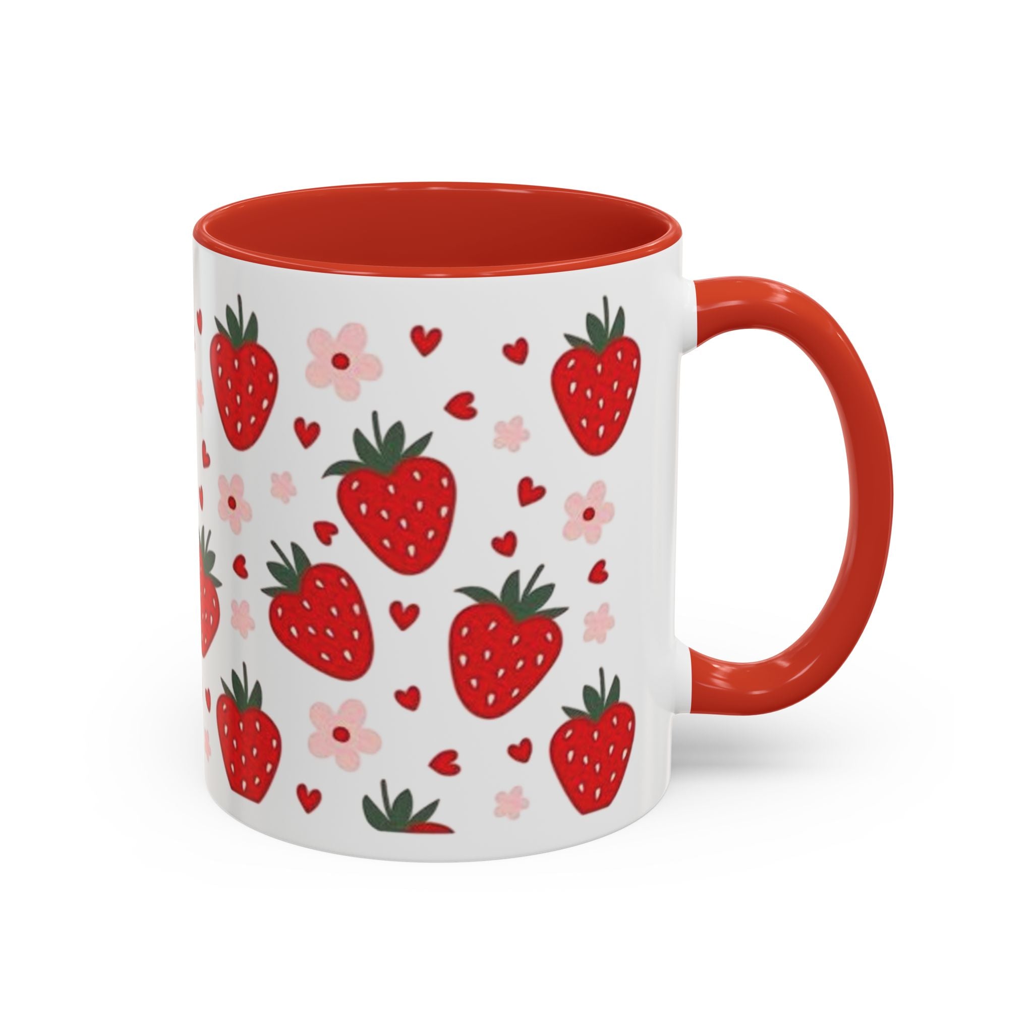 Strawberry Pattern Accent Coffee Mug — Cute Red Berries & Hearts 11/15oz