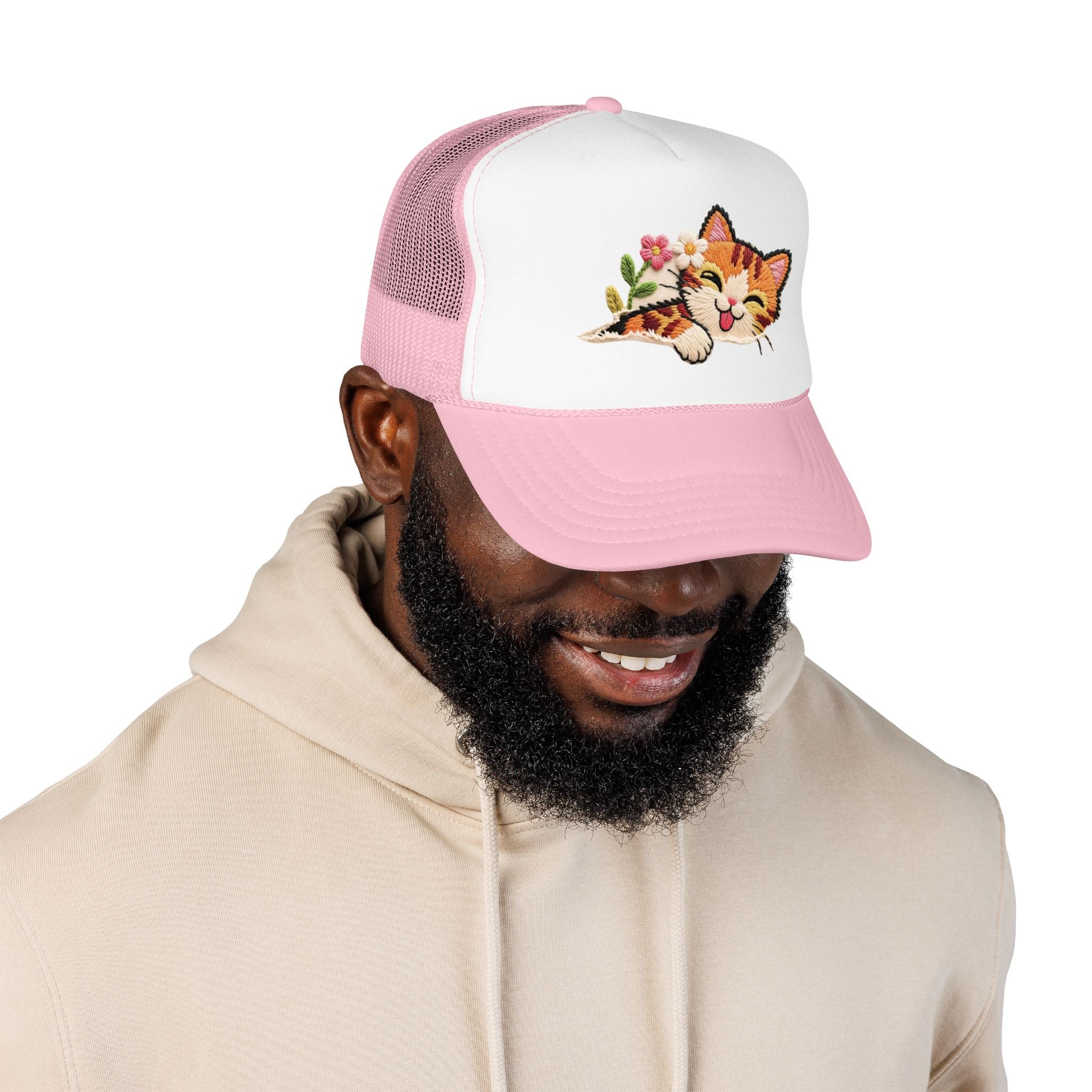 Trucker Hat — Cute Sleeping Calico Cat with Flowers Foam Mesh Cap