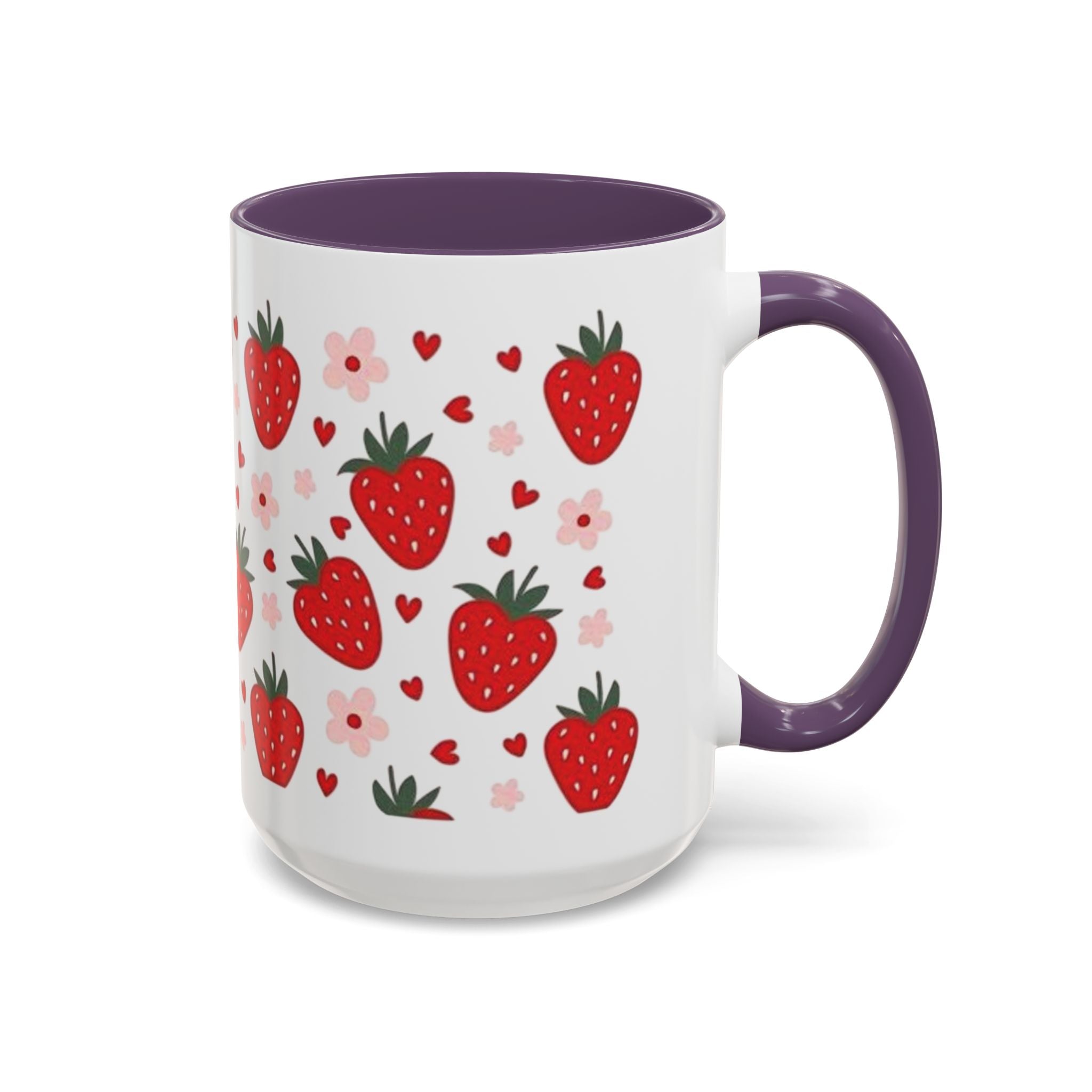 Strawberry Pattern Accent Coffee Mug — Cute Red Berries & Hearts 11/15oz
