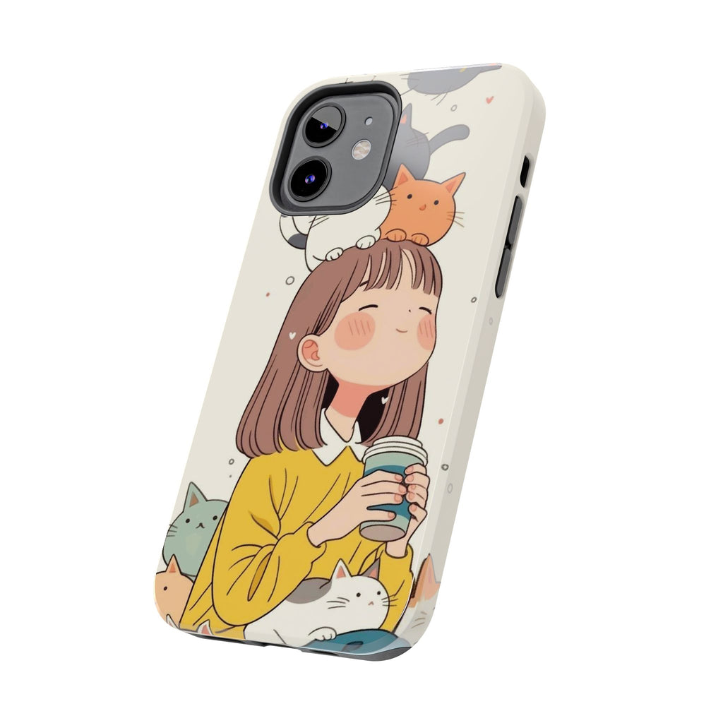 Girl with Cats Phone Case | Cute Cat Stack Illustration
