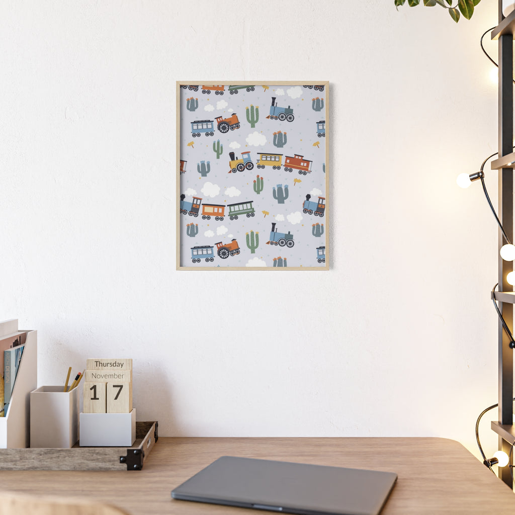 Kids' Train Poster with Wooden Frame — Nursery Wall Art, Playroom Decor