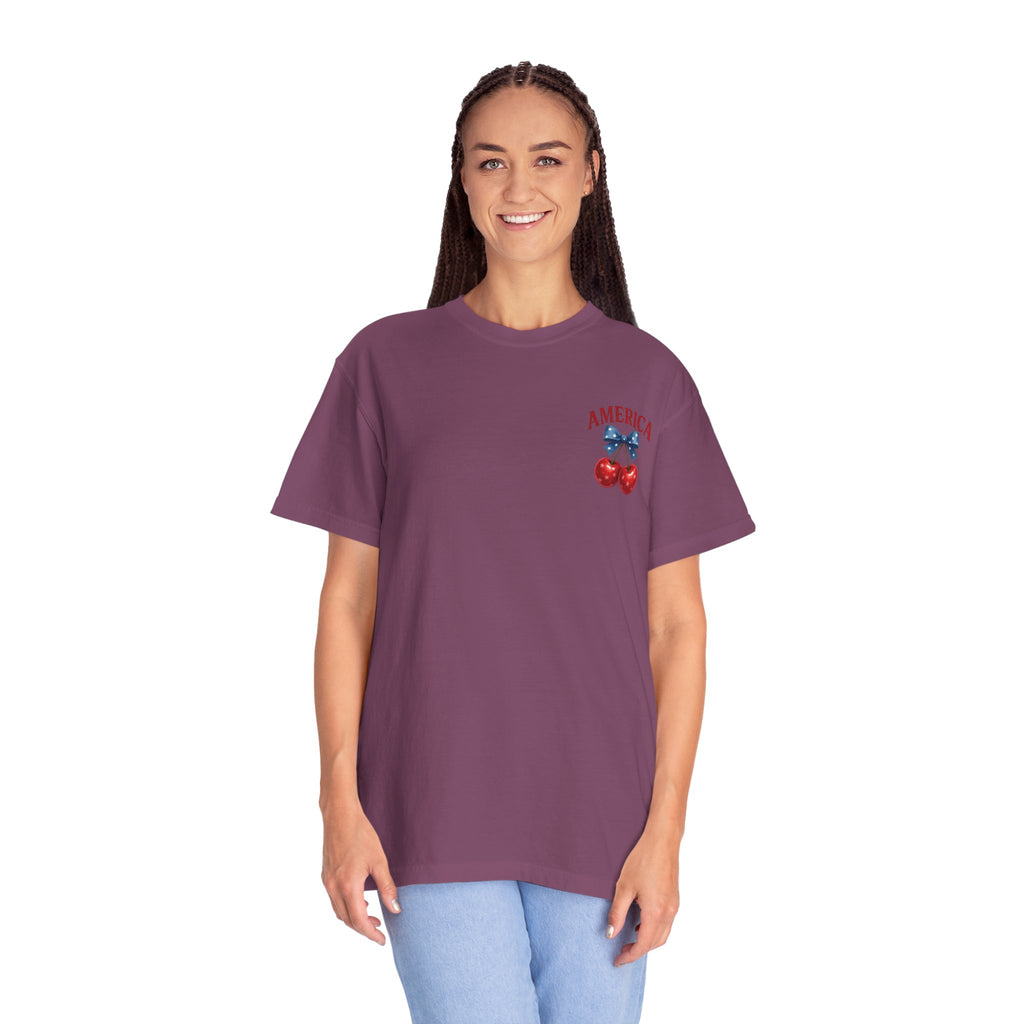 America Cherry Bow T-shirt | Patriotic Stars & Stripes Cherry Design