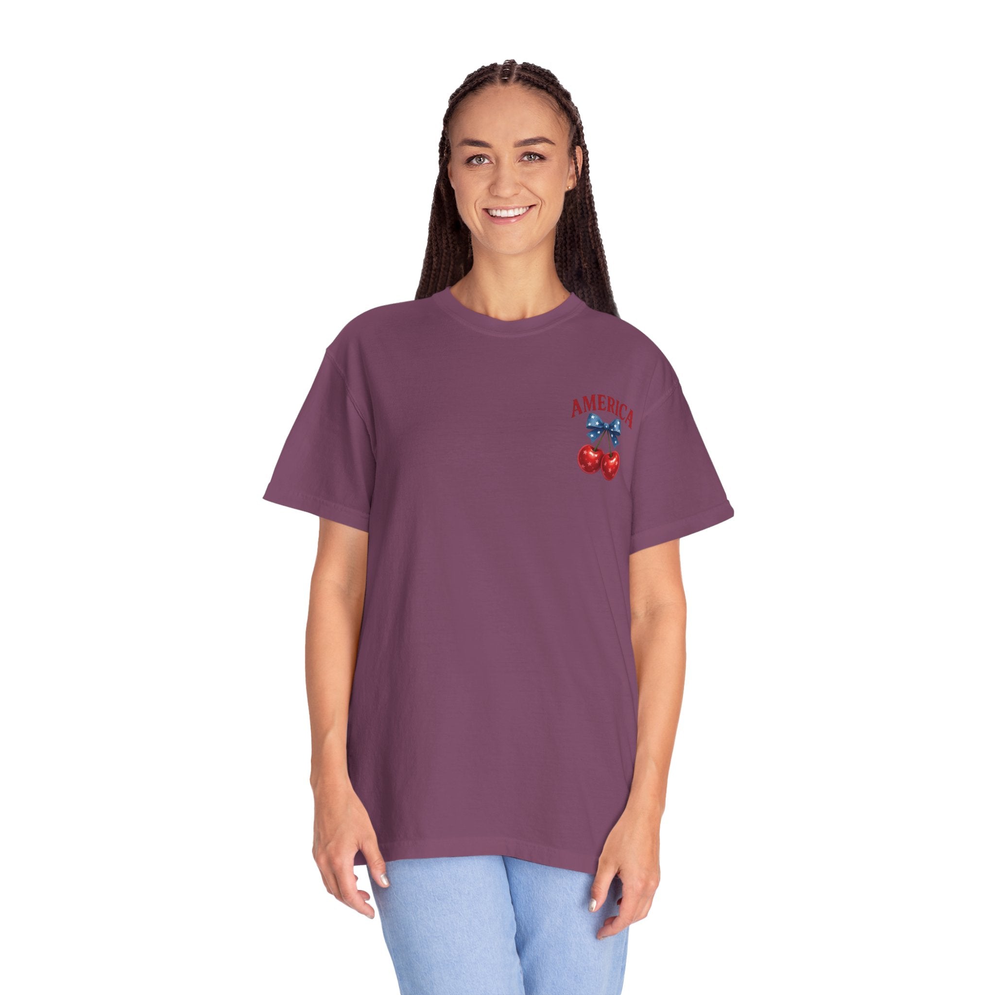 America Cherry Bow T-shirt | Patriotic Stars & Stripes Cherry Design
