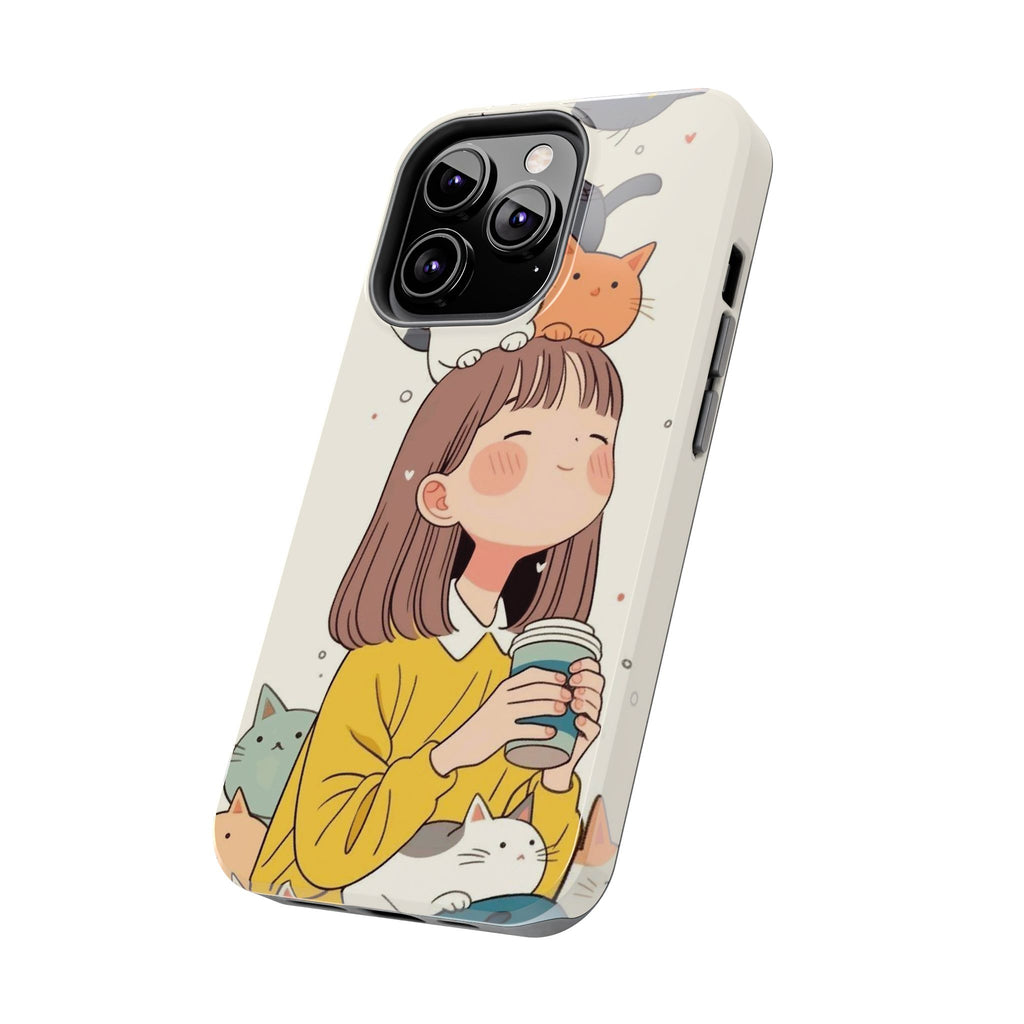 Girl with Cats Phone Case | Cute Cat Stack Illustration