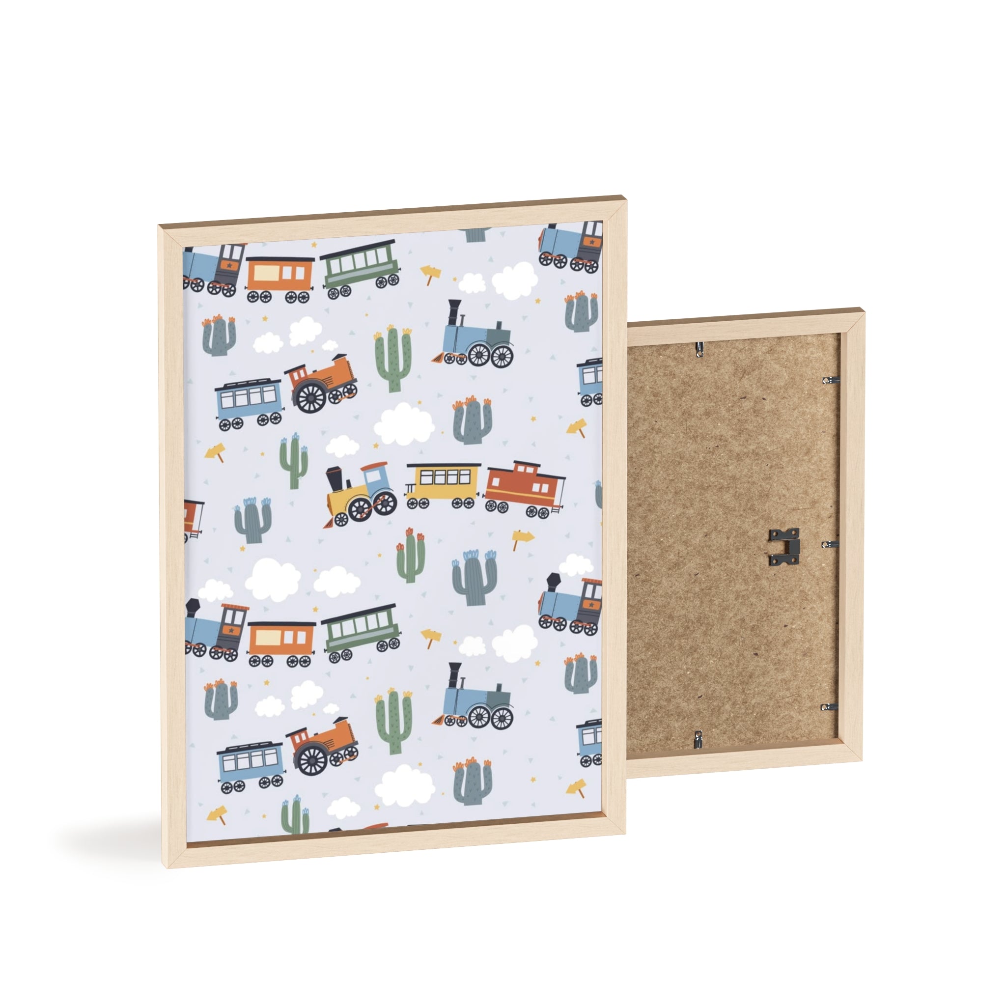 Kids' Train Poster with Wooden Frame — Nursery Wall Art, Playroom Decor