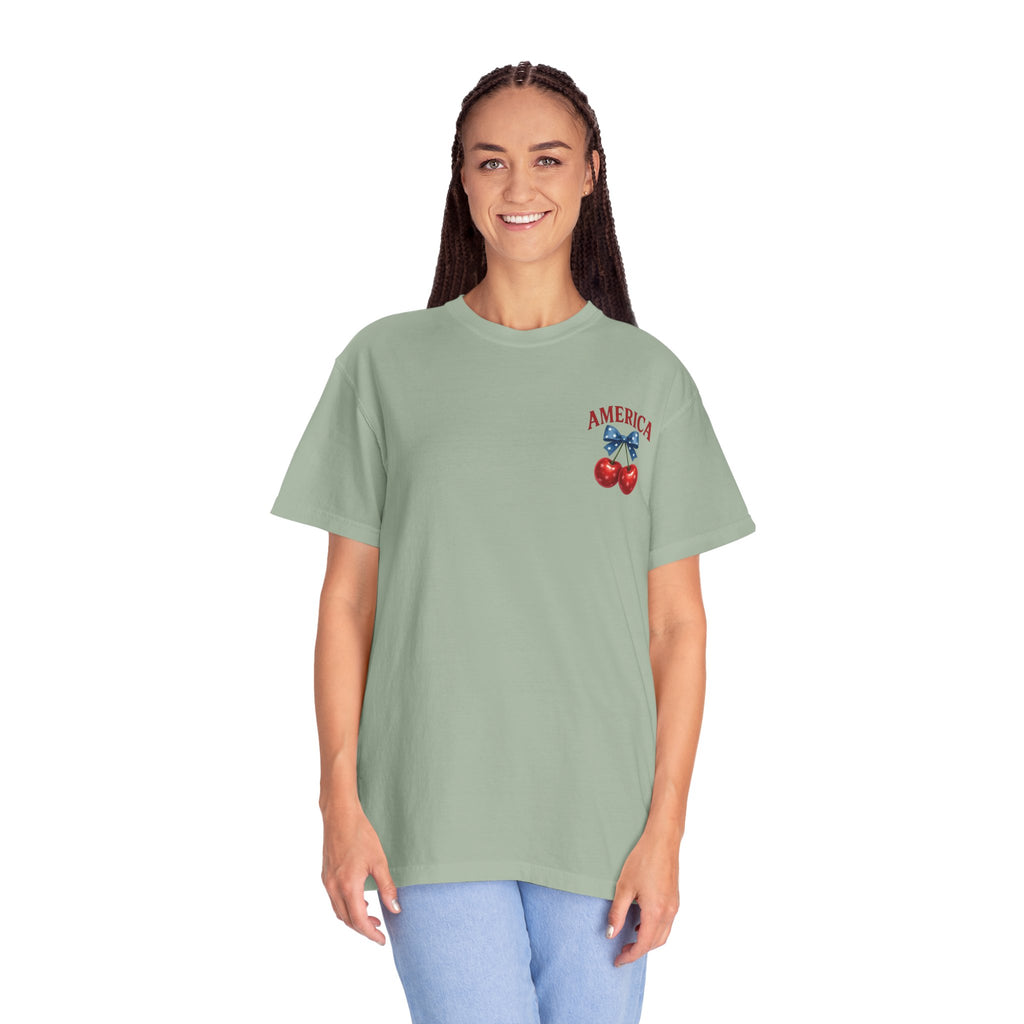 America Cherry Bow T-shirt | Patriotic Stars & Stripes Cherry Design