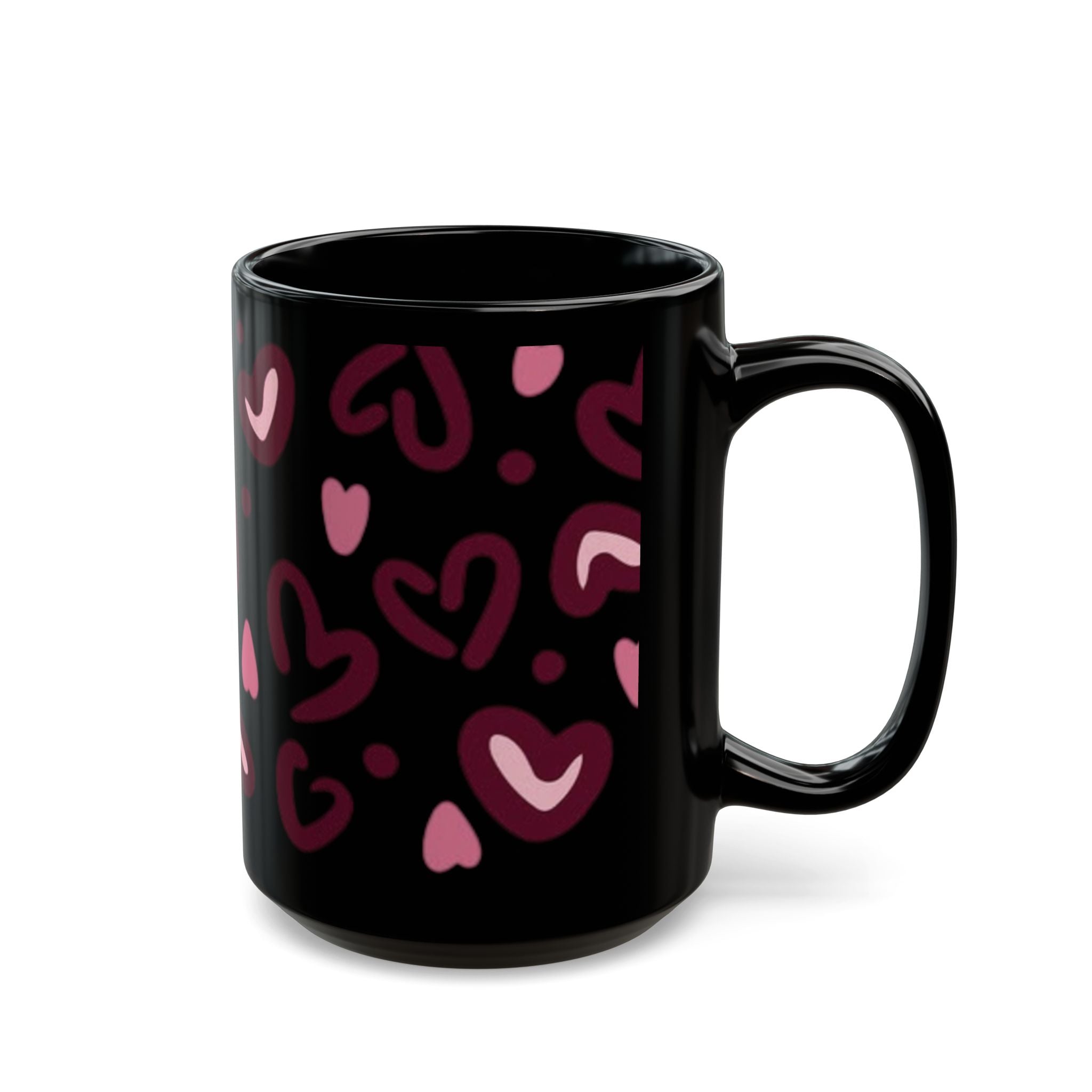 Hand-Drawn Pink Hearts Black Mug | Ceramic Heart Pattern Coffee Mug