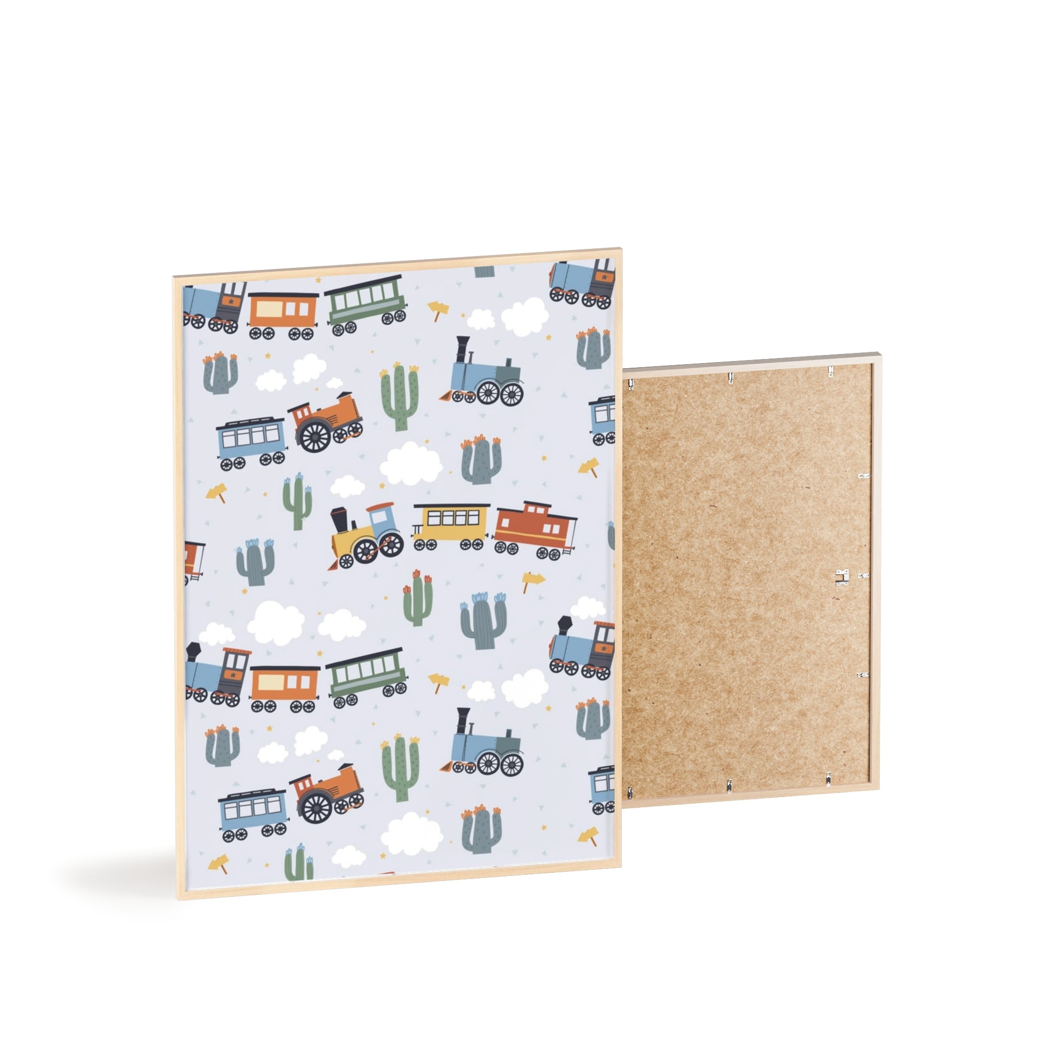 Kids' Train Poster with Wooden Frame — Nursery Wall Art, Playroom Decor