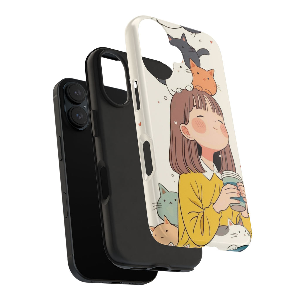 Girl with Cats Phone Case | Cute Cat Stack Illustration