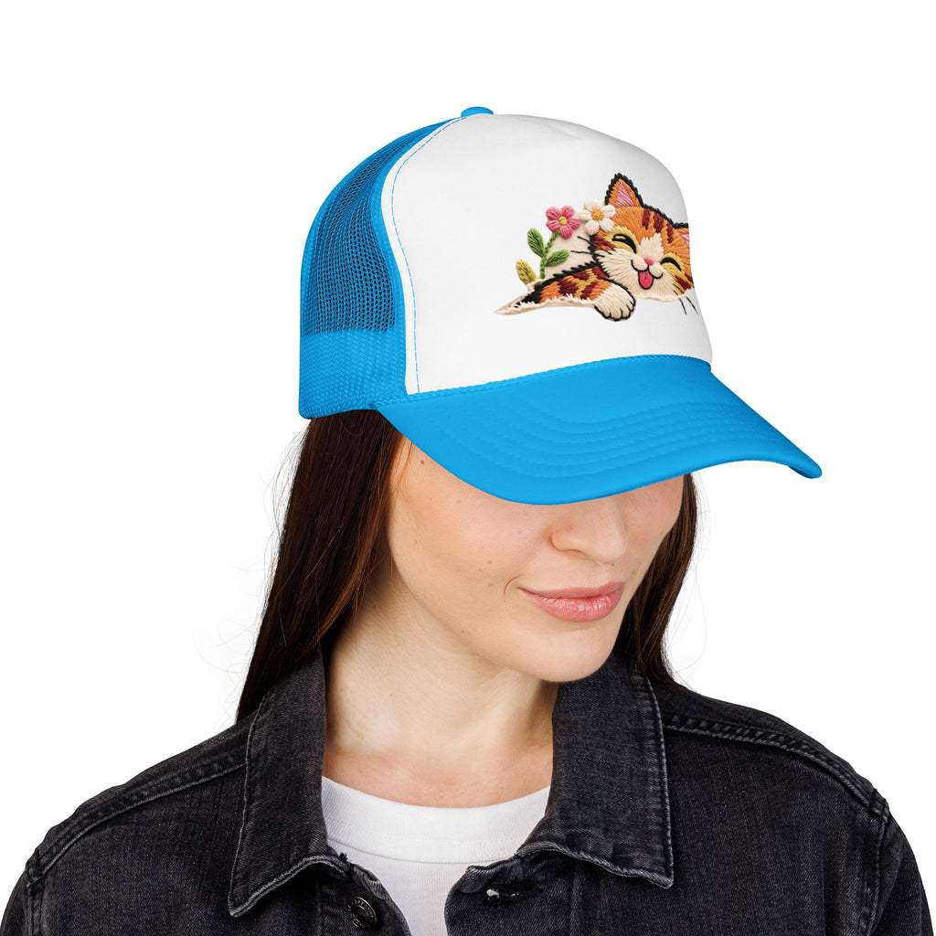 Trucker Hat — Cute Sleeping Calico Cat with Flowers Foam Mesh Cap