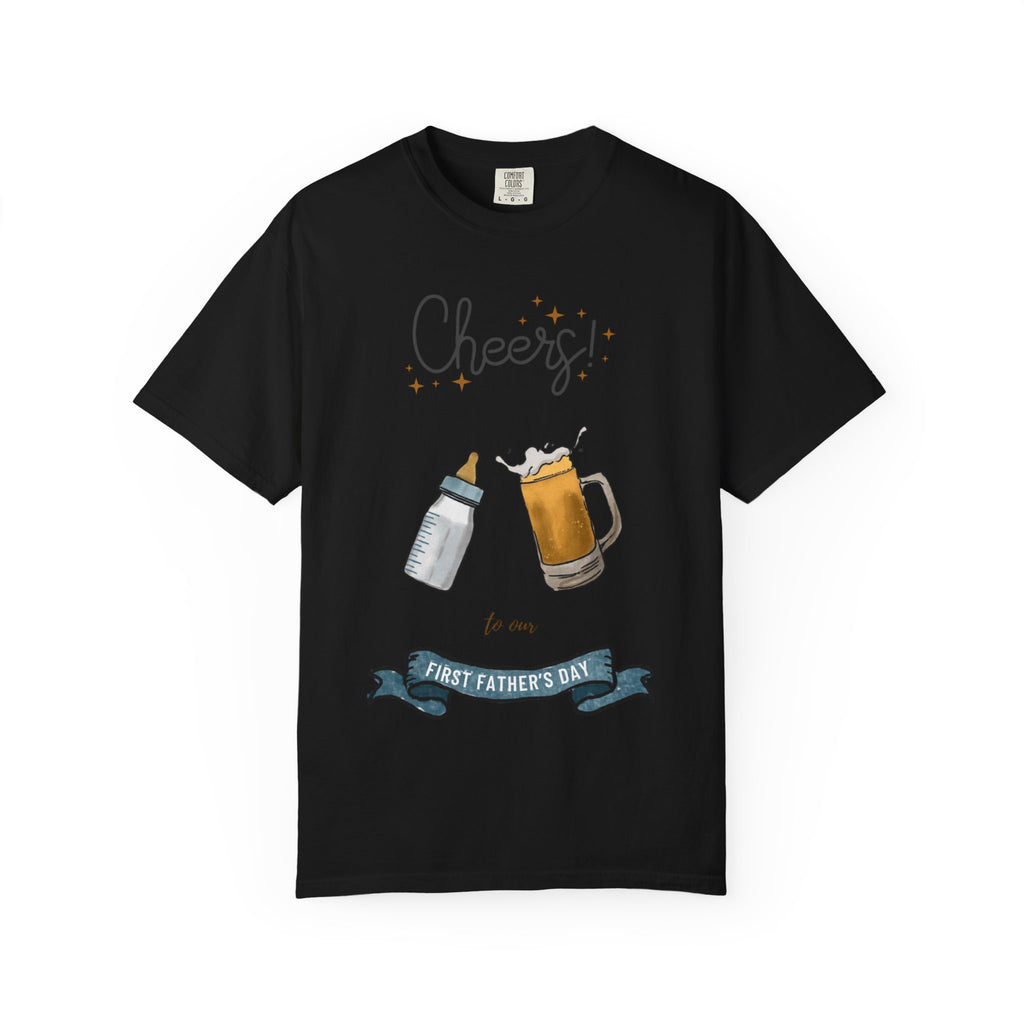 Cheers! Baby Bottle and Beer Mug First Father's Day T-Shirt | New Dad Tee