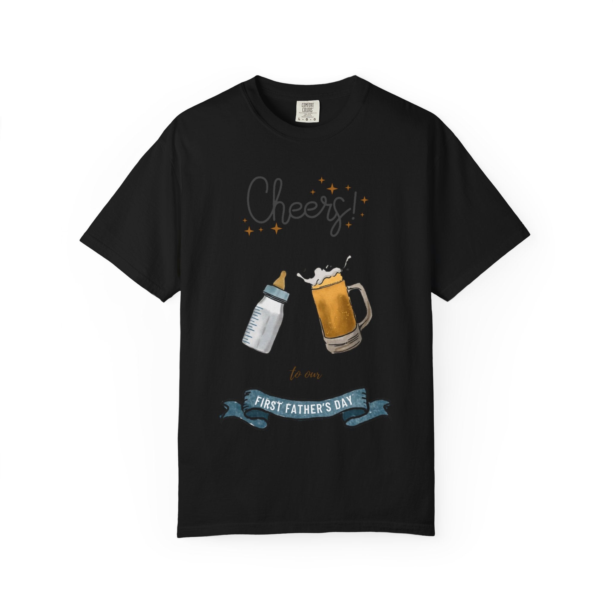 Cheers! Baby Bottle and Beer Mug First Father's Day T-Shirt | New Dad Tee
