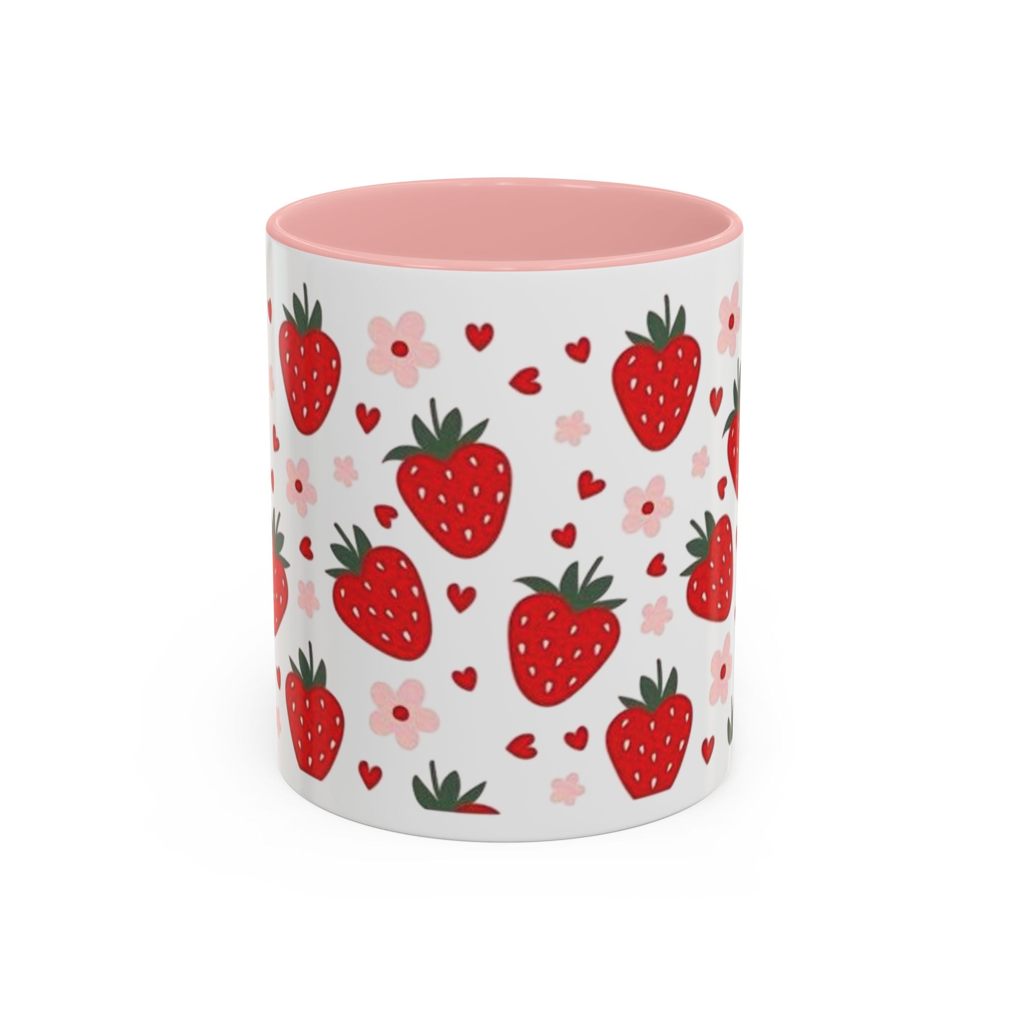 Strawberry Pattern Accent Coffee Mug — Cute Red Berries & Hearts 11/15oz