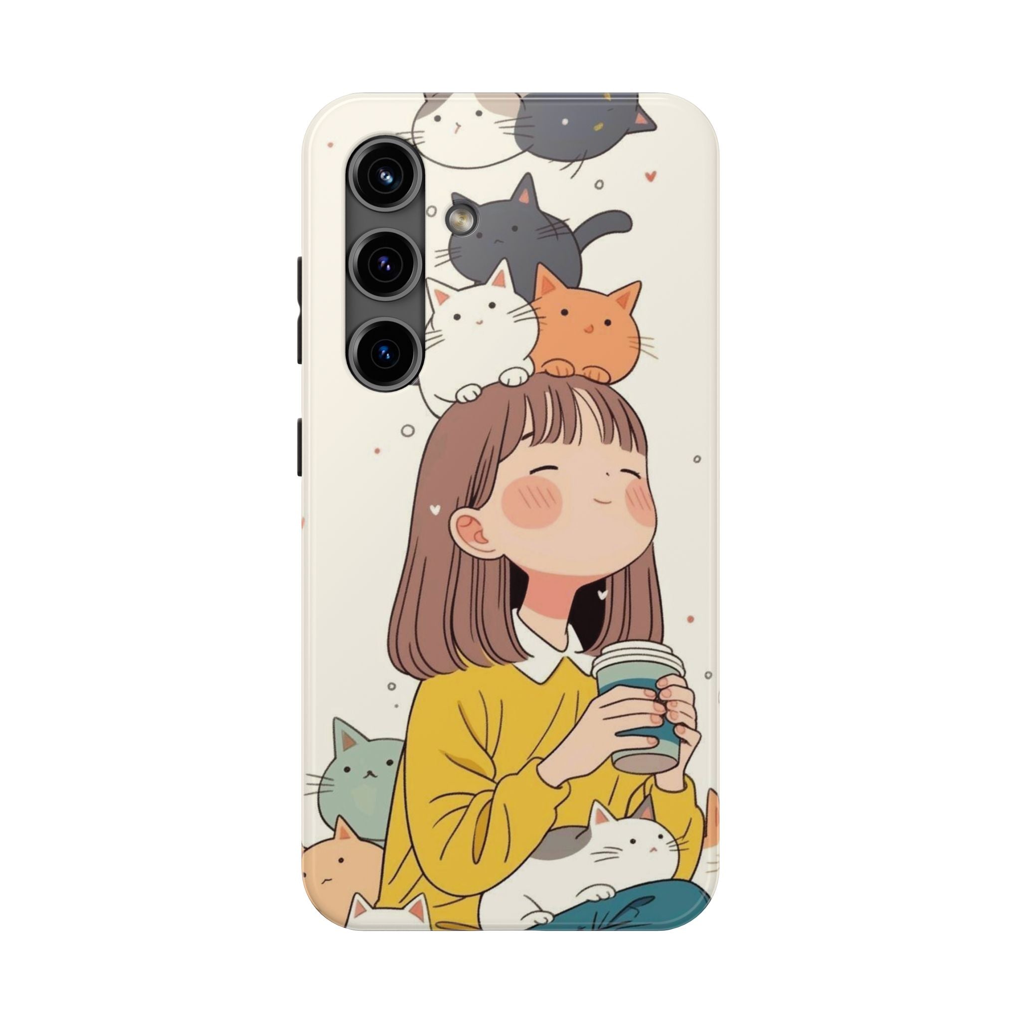 Girl with Cats Phone Case | Cute Cat Stack Illustration