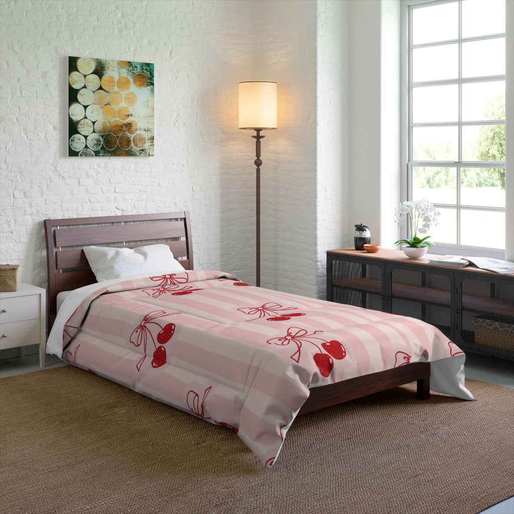 Cherry Bow Comforter - Pink Striped Cherry Print Bedding for Girls & Teens