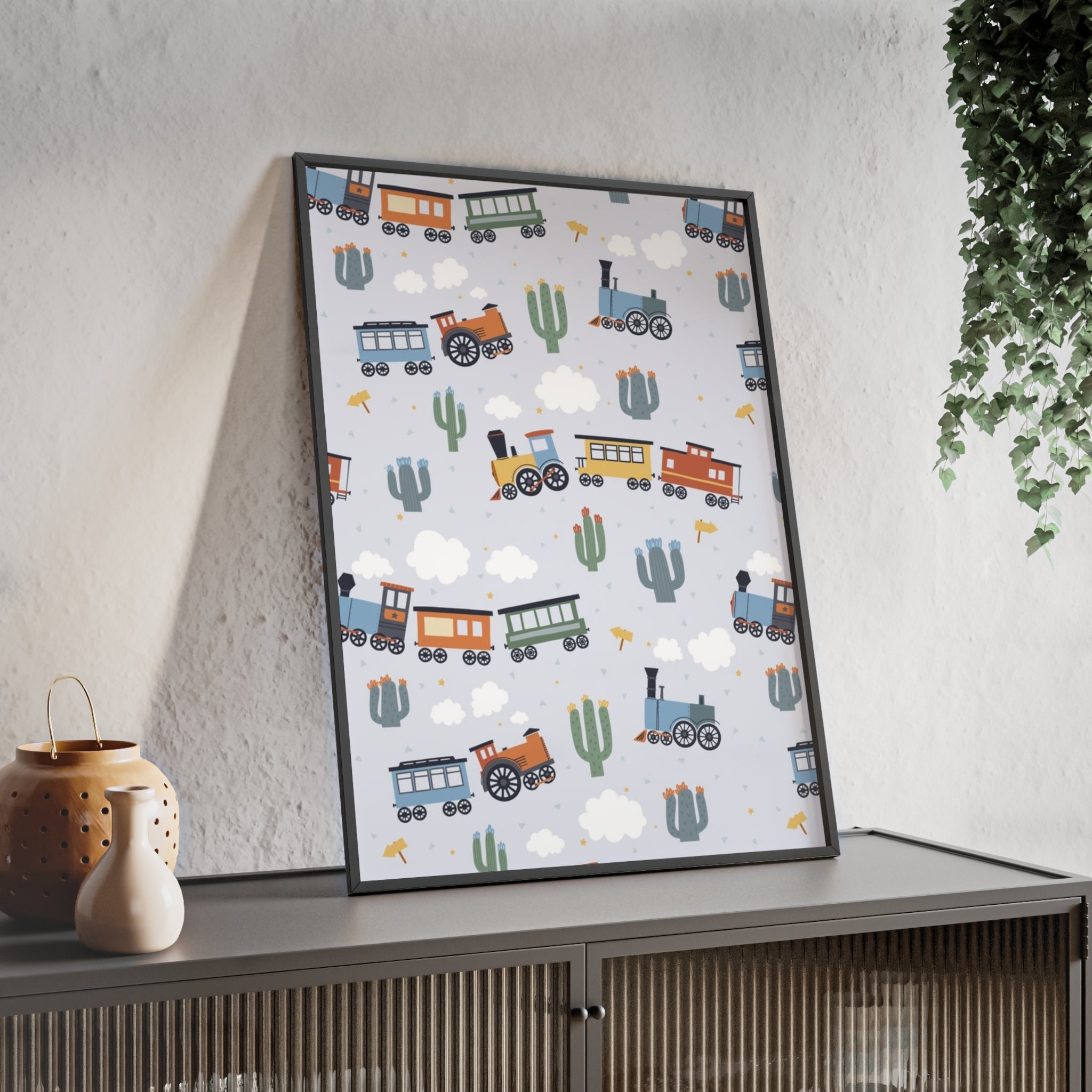 Kids' Train Poster with Wooden Frame — Nursery Wall Art, Playroom Decor