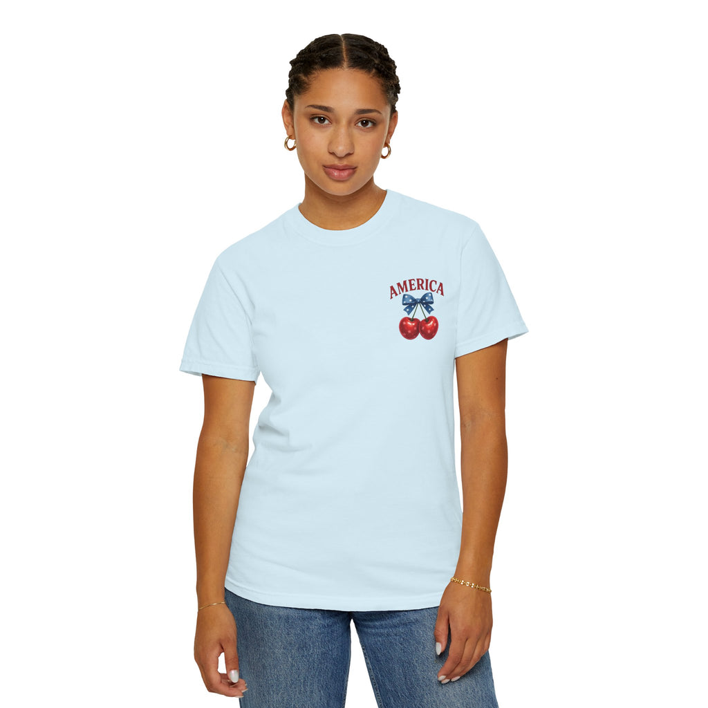 America Cherry Bow T-shirt | Patriotic Stars & Stripes Cherry Design