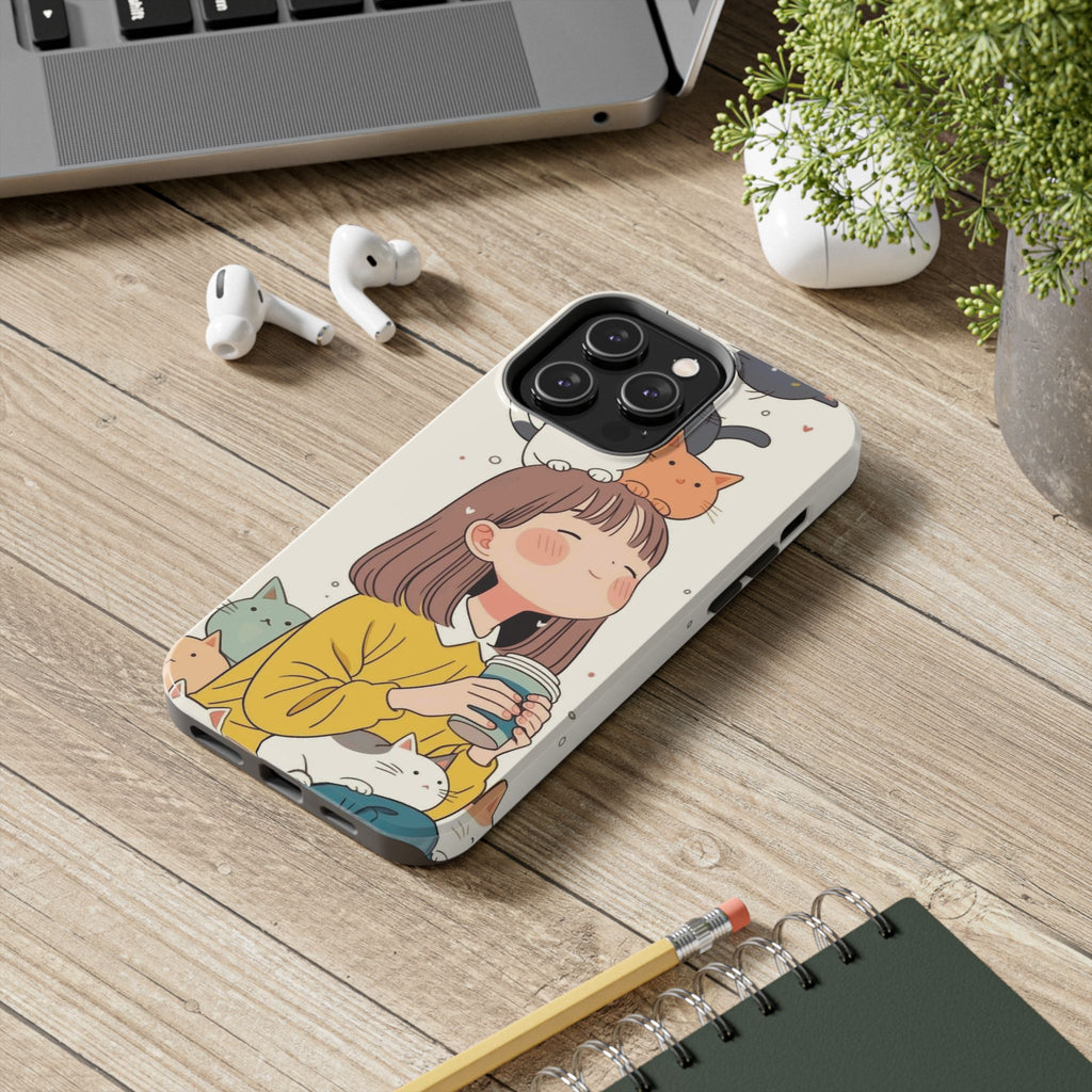 Girl with Cats Phone Case | Cute Cat Stack Illustration