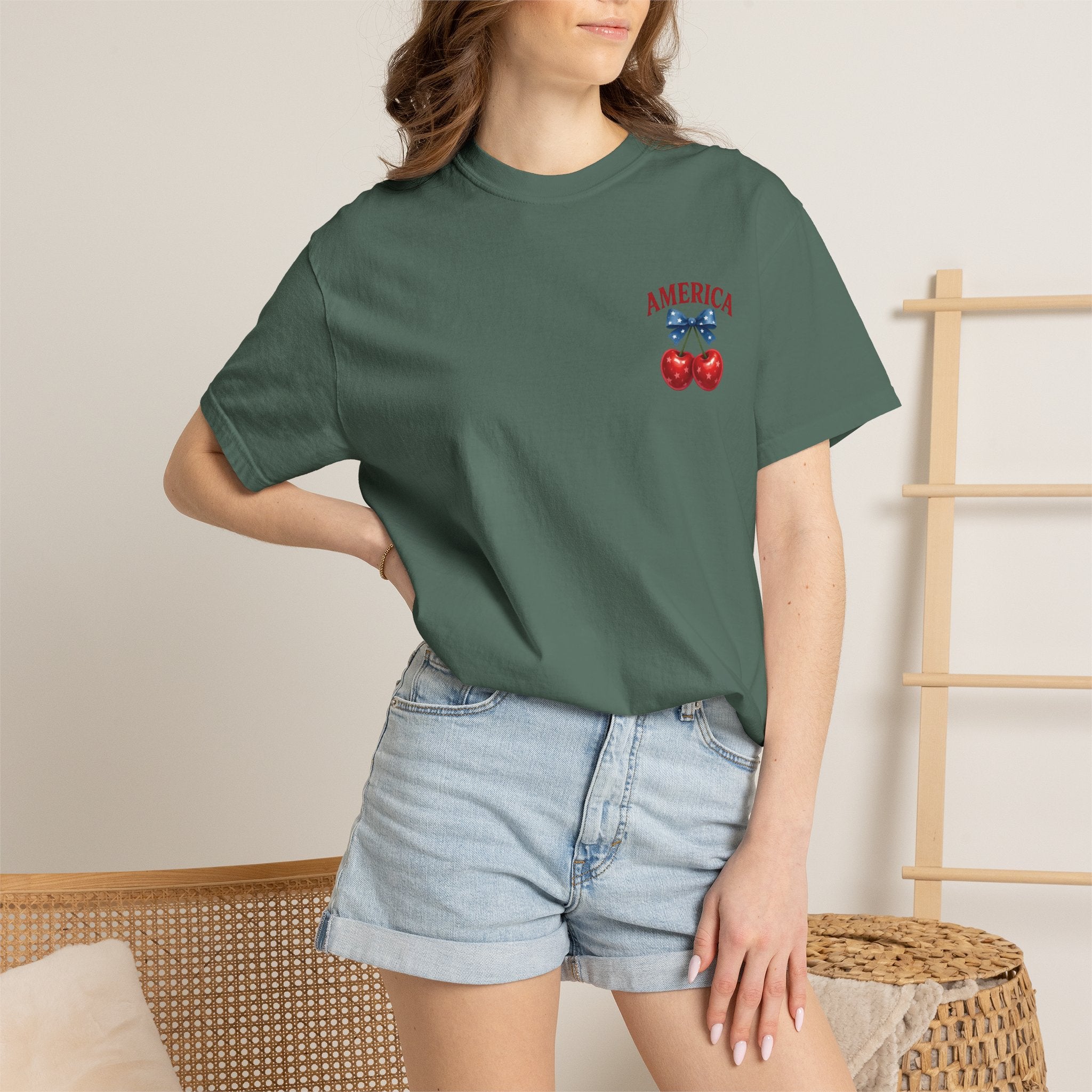America Cherry Bow T-shirt | Patriotic Stars & Stripes Cherry Design