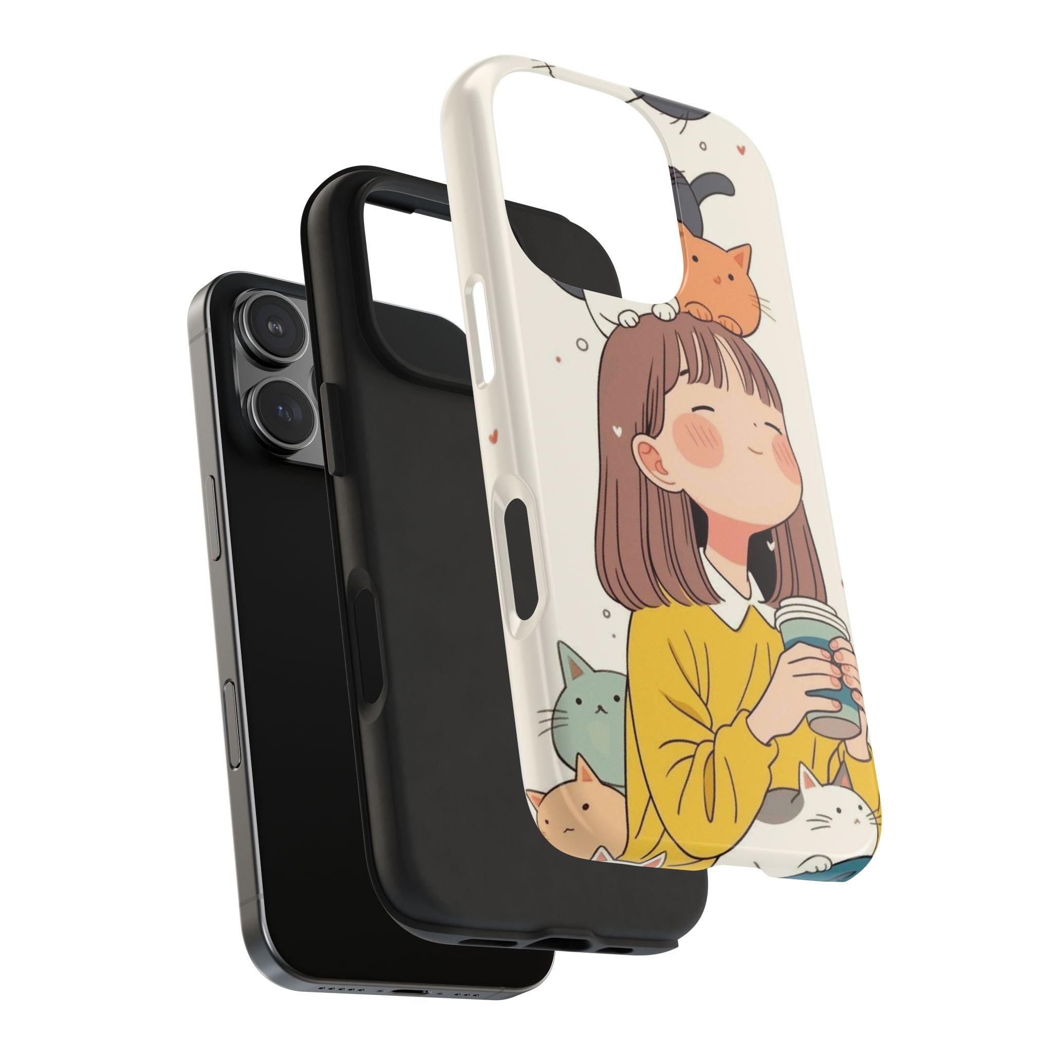 Girl with Cats Phone Case | Cute Cat Stack Illustration