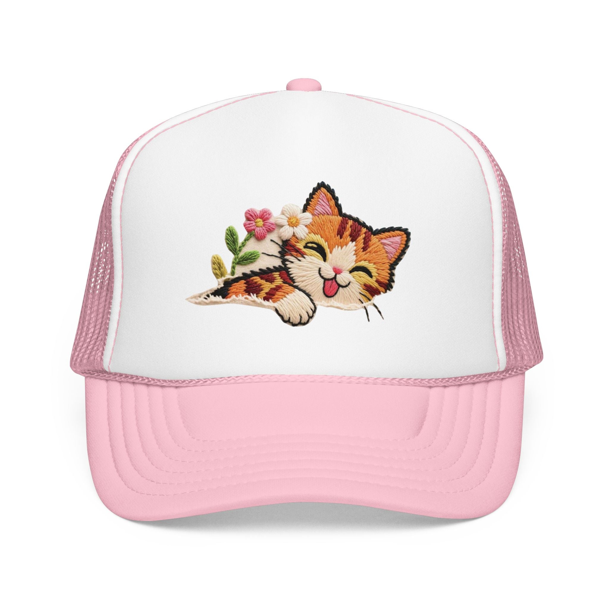Trucker Hat — Cute Sleeping Calico Cat with Flowers Foam Mesh Cap