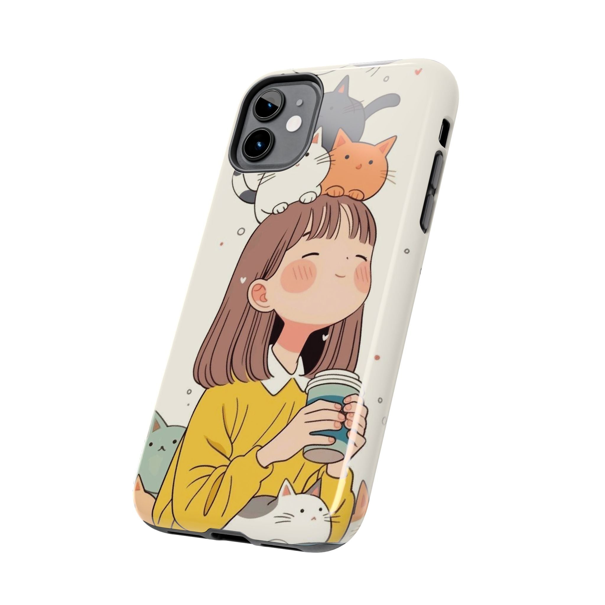 Girl with Cats Phone Case | Cute Cat Stack Illustration