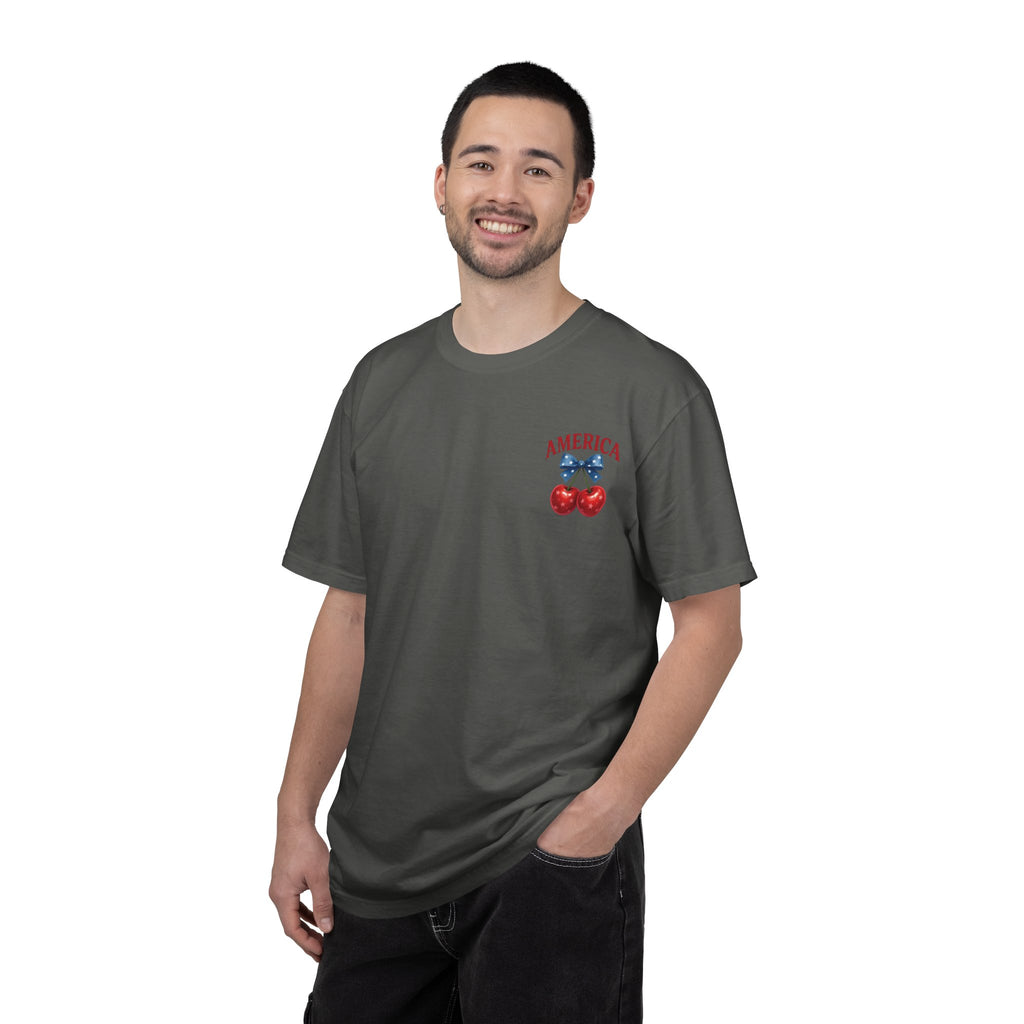 America Cherry Bow T-shirt | Patriotic Stars & Stripes Cherry Design