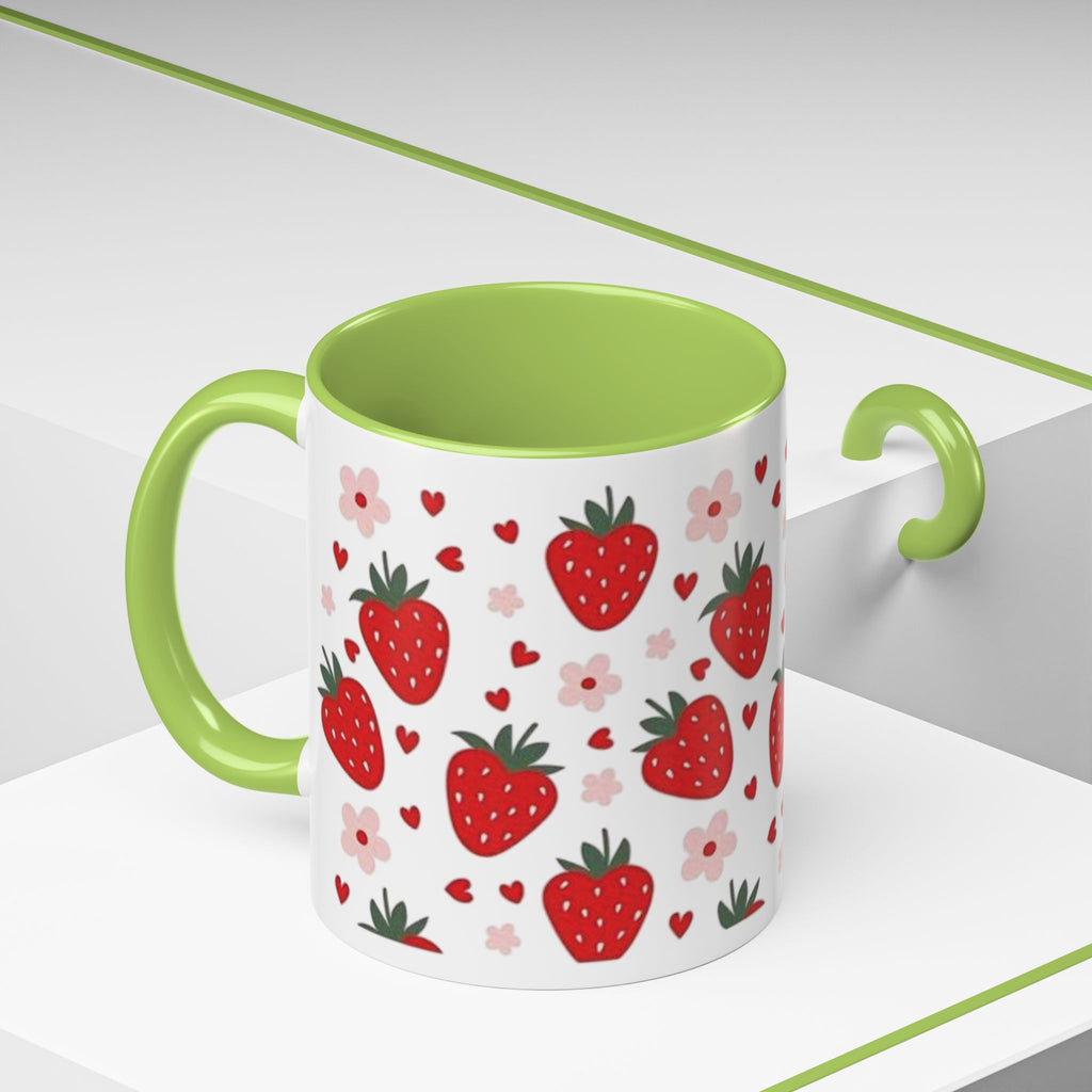 Strawberry Pattern Accent Coffee Mug — Cute Red Berries & Hearts 11/15oz