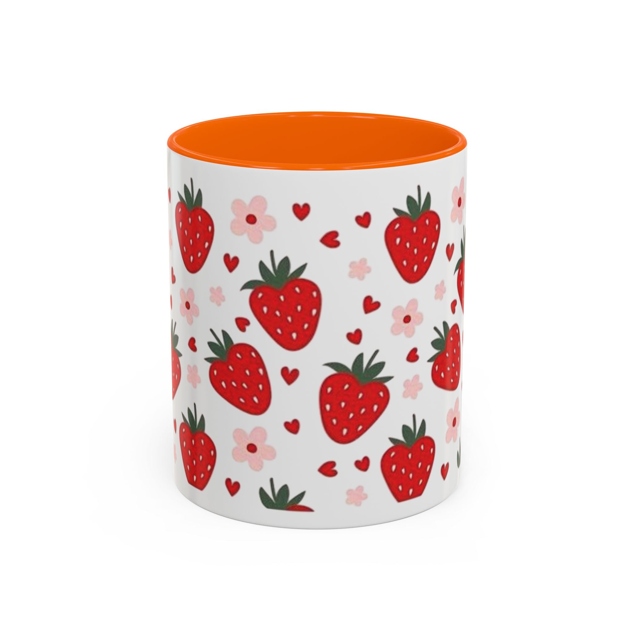 Strawberry Pattern Accent Coffee Mug — Cute Red Berries & Hearts 11/15oz