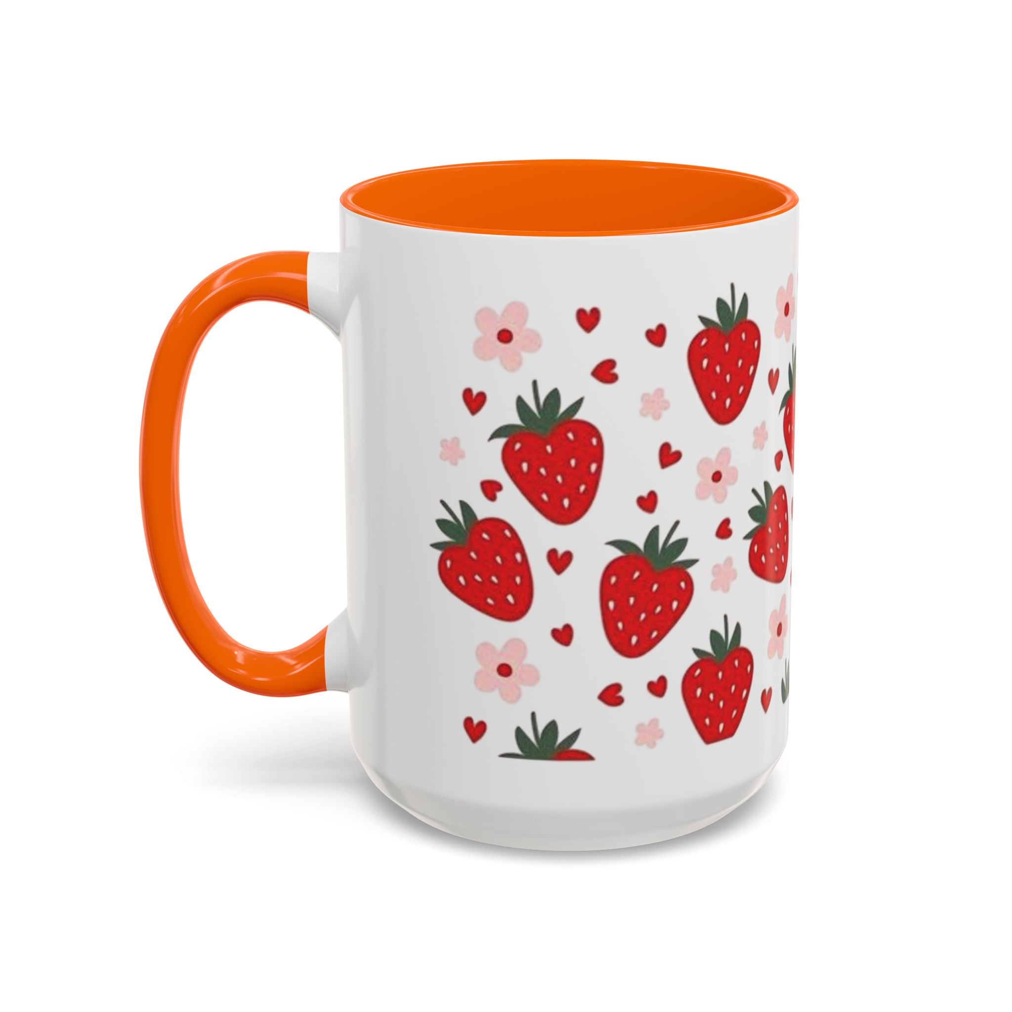 Strawberry Pattern Accent Coffee Mug — Cute Red Berries & Hearts 11/15oz