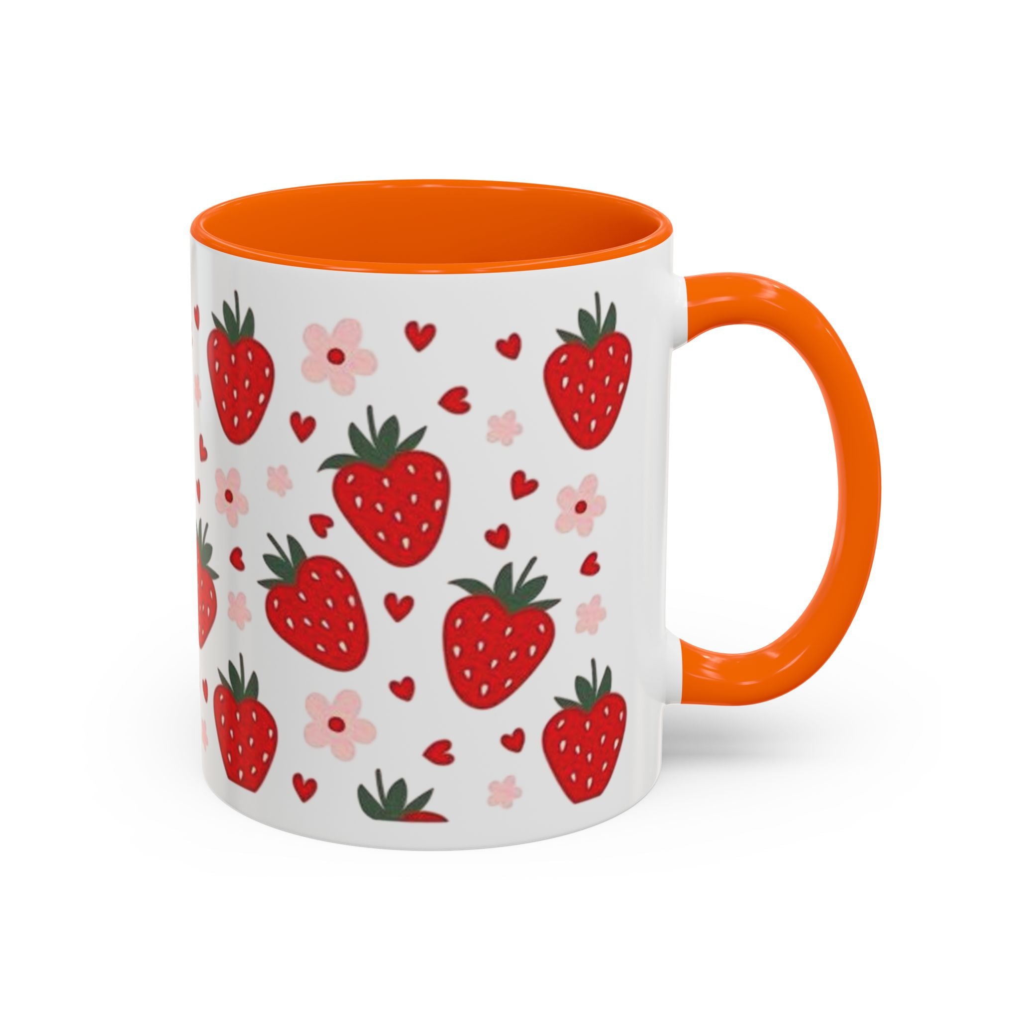 Strawberry Pattern Accent Coffee Mug — Cute Red Berries & Hearts 11/15oz