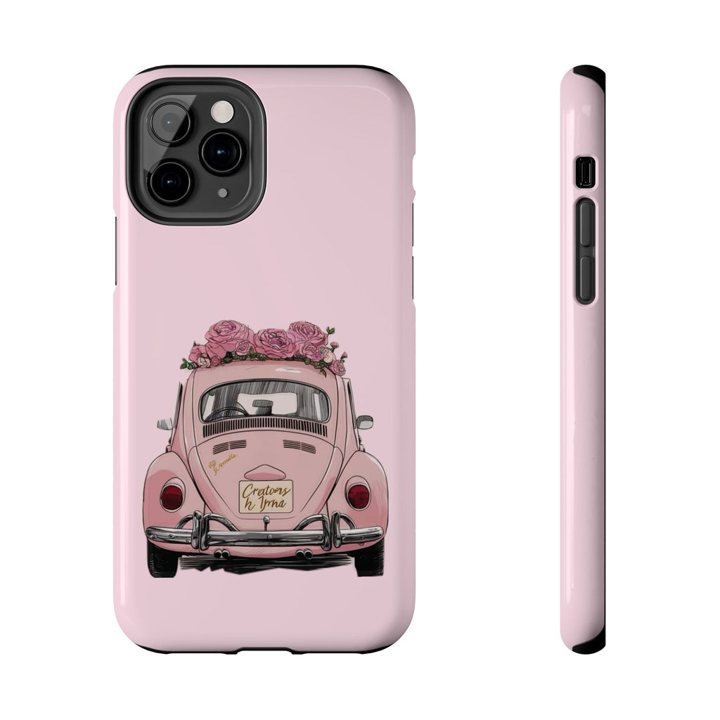 Vintage Pink Beetle with Roses Phone Case | Floral Car Tough Phone Case