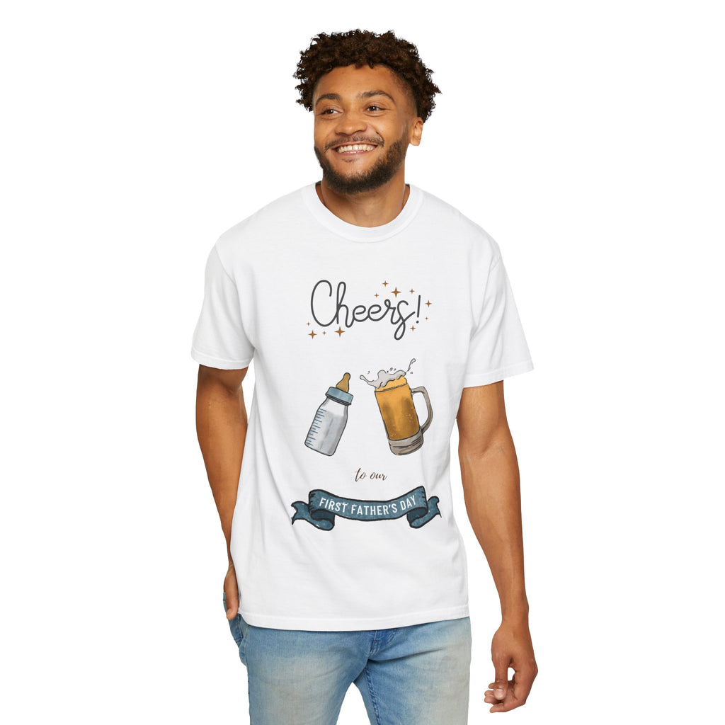 Cheers! Baby Bottle and Beer Mug First Father's Day T-Shirt | New Dad Tee