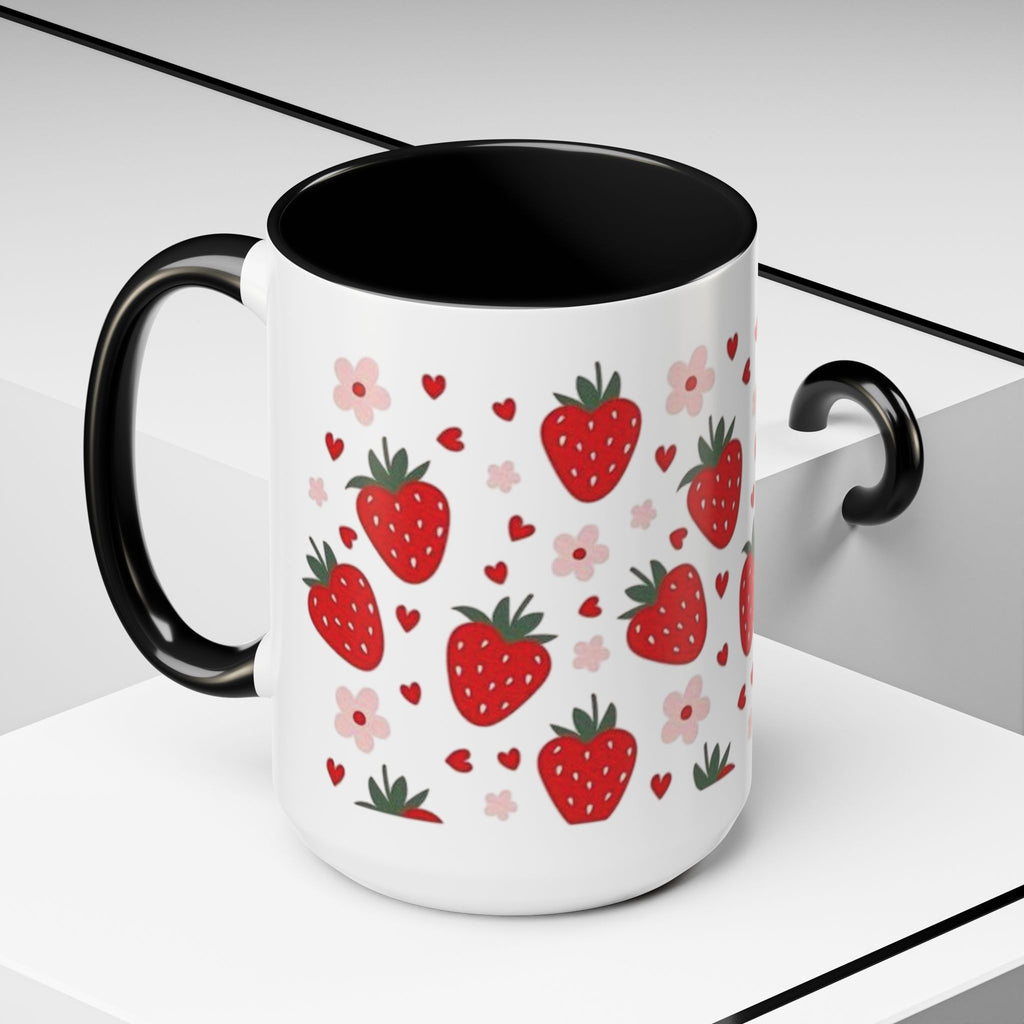 Strawberry Pattern Accent Coffee Mug — Cute Red Berries & Hearts 11/15oz
