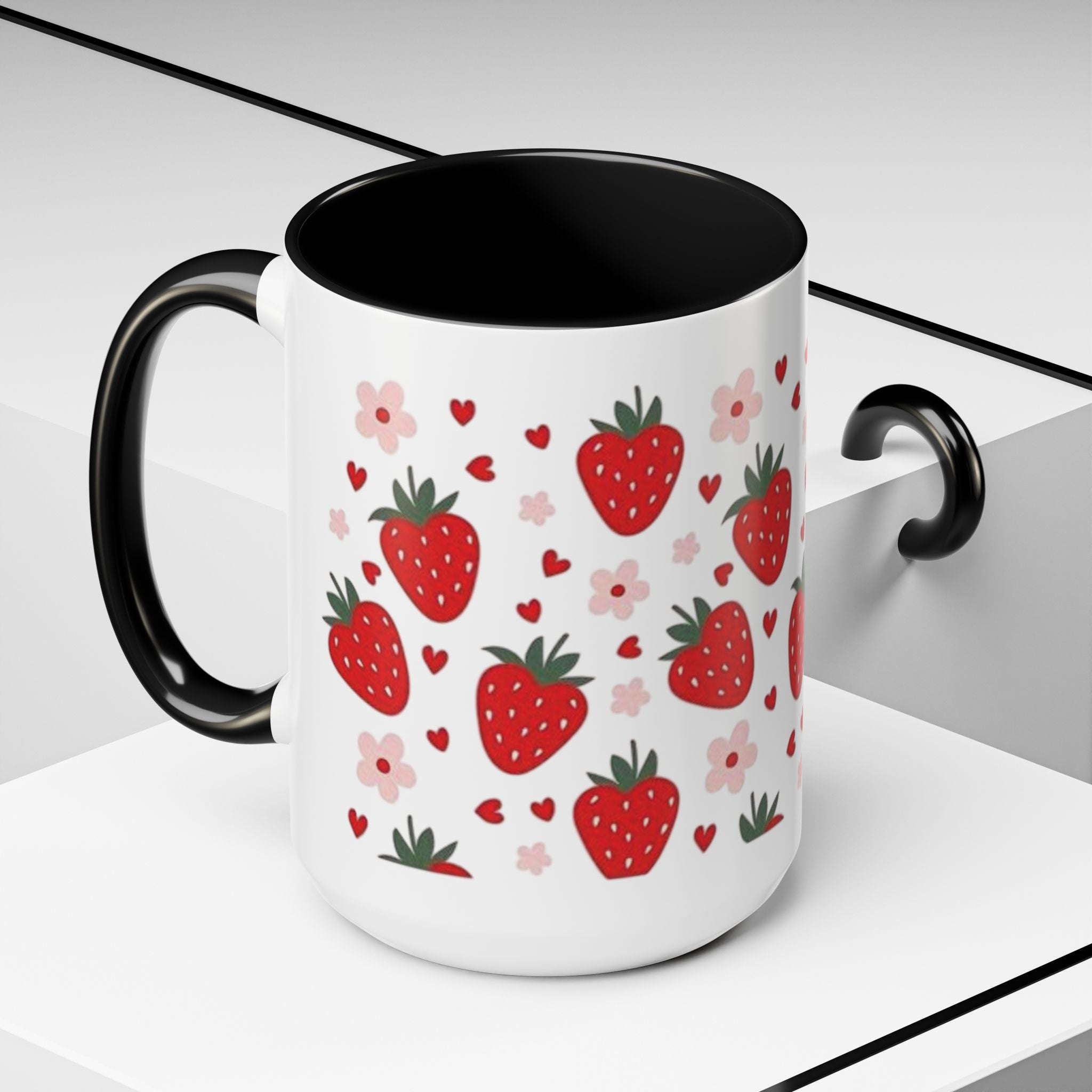 Strawberry Pattern Accent Coffee Mug — Cute Red Berries & Hearts 11/15oz